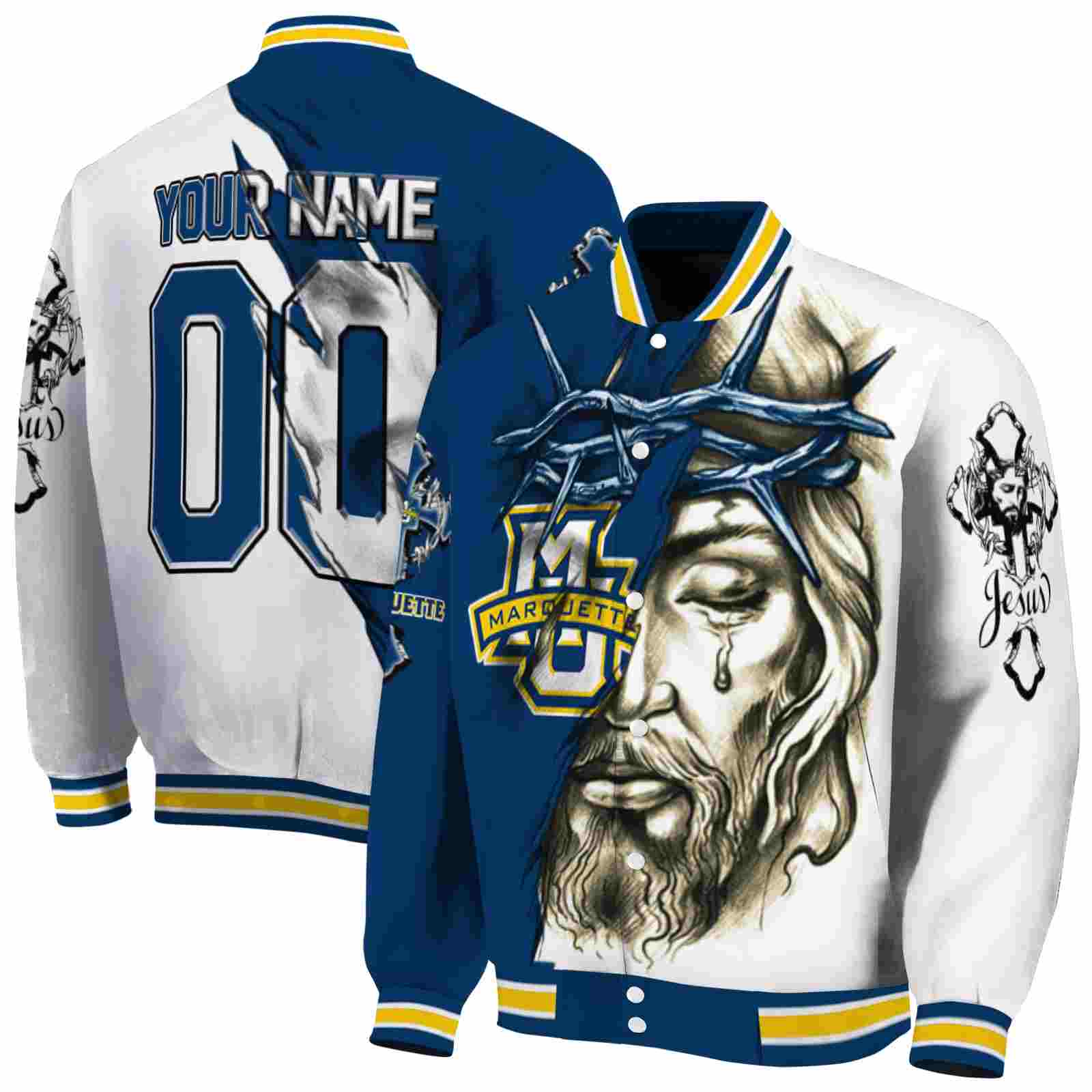 Ncaa Marquette Golden Eagles Jesus Tears Blue White Custom Baseball Jacket Sport Fans Gear