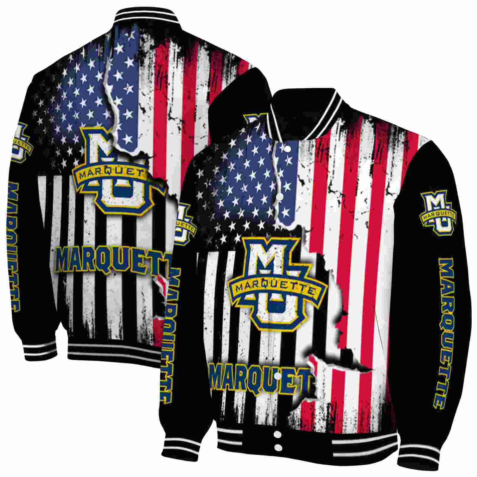 Ncaa Marquette Golden Eagles Patriotic Theme Black Custom Baseball Jacket Sport Fans Gear