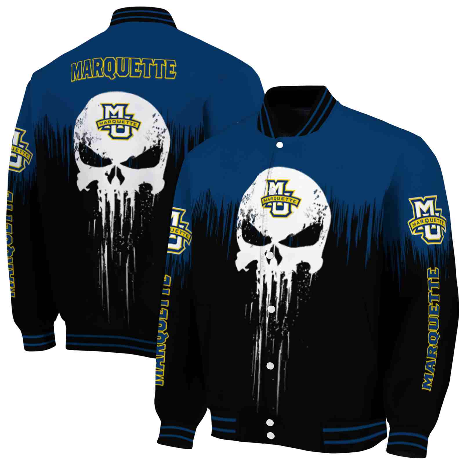 Ncaa Marquette Golden Eagles Punisher Skull Blue Black White Custom Baseball Jacket Sport Fans Gear