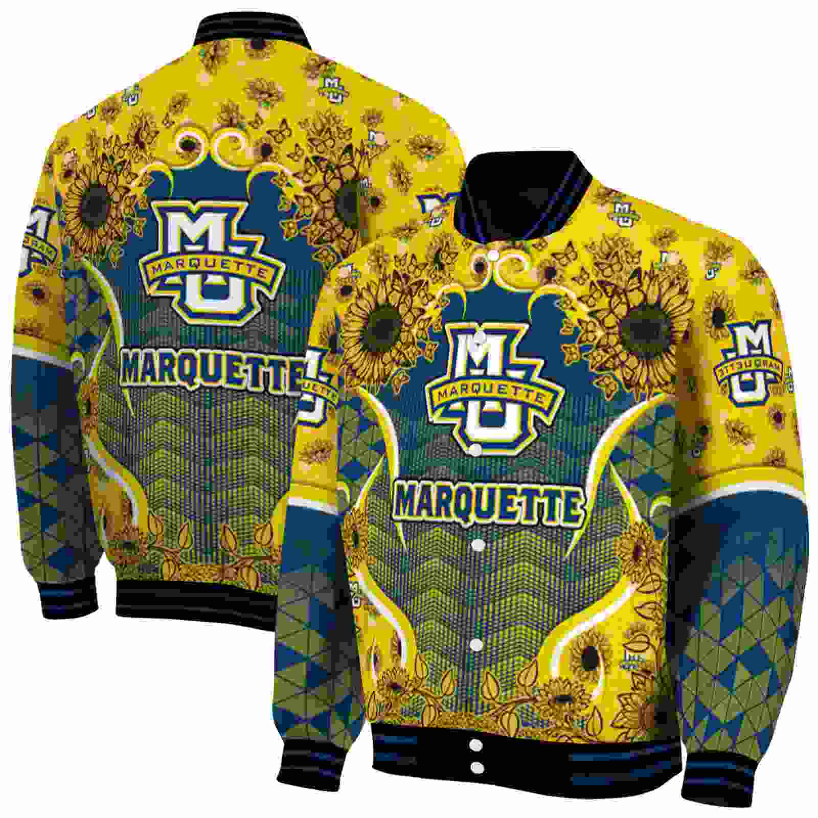 Ncaa Marquette Golden Eagles SuNFL ower Bloom Blue Yellow Custom Baseball Jacket Sport Fans Gear