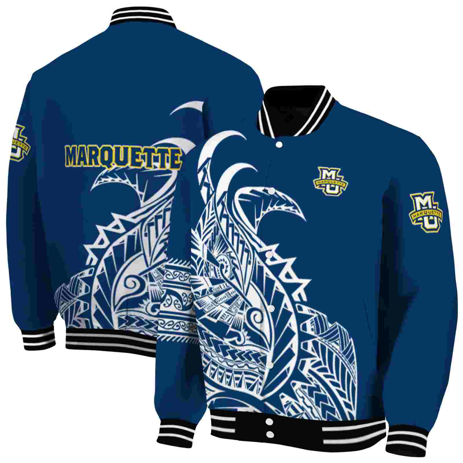 Ncaa Marquette Golden Eagles Tribal Art Blue White Black Custom Baseball Jacket Sport Fans Gear