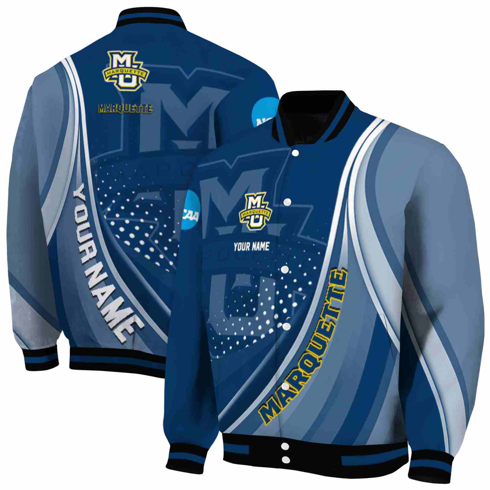 Ncaa Marquette Golden Eagles Wave Patterns Blue Custom Baseball Jacket Sport Fans Gear