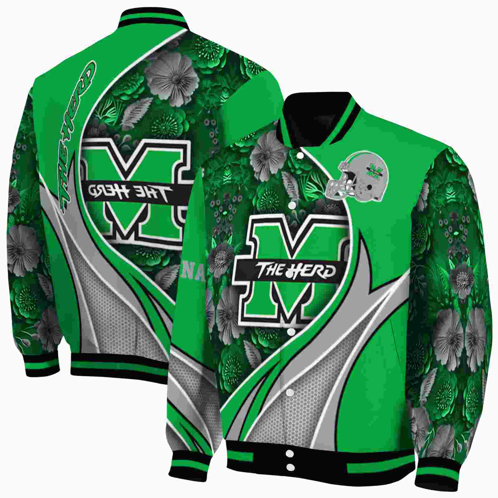 Ncaa Marshall Thundering Herd Floral Print Green Custom Baseball Jacket Sport Fans Gear