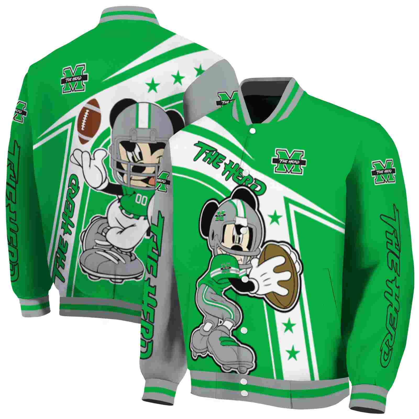 Ncaa Marshall Thundering Herd Mickey Football Green White Custom Baseball Jacket Sport Fans Gear