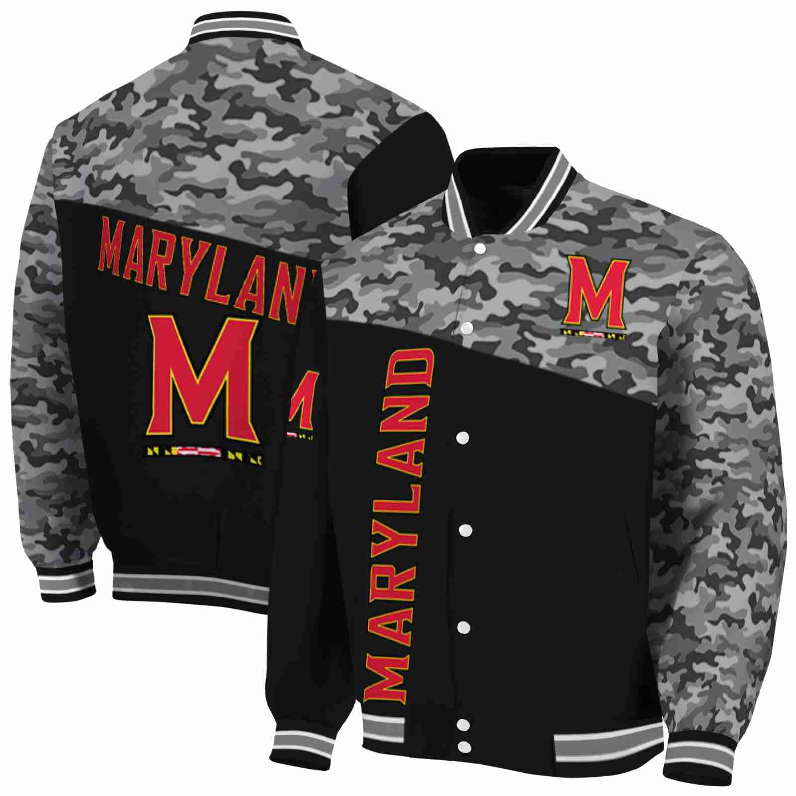 Ncaa Maryland Terrapins Camo Patchwork Black Custom Baseball Jacket Sport Fans Gear