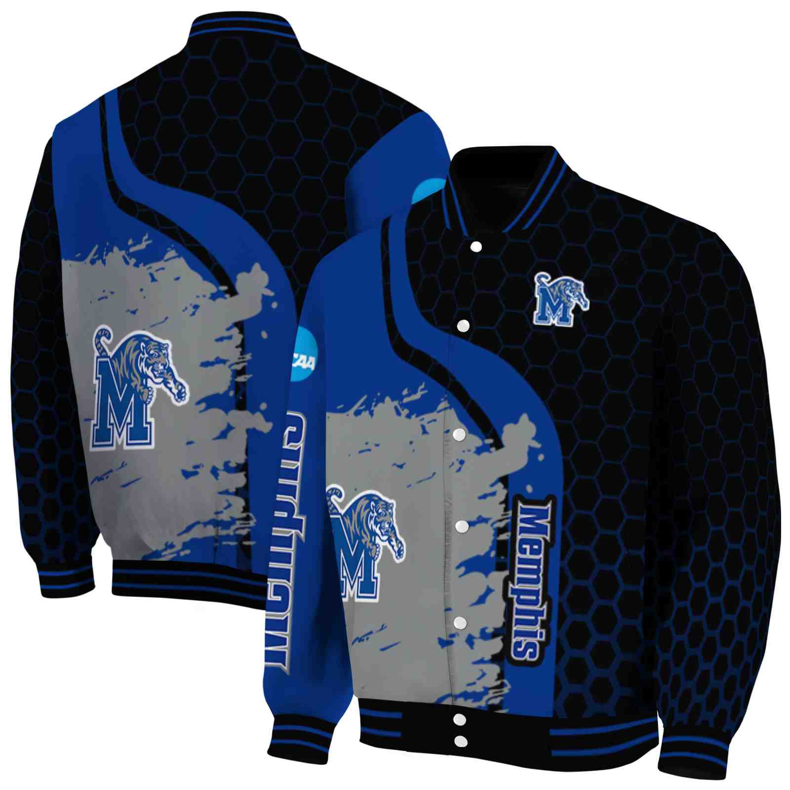 Ncaa Memphis Tigers Hexagonal Pattern Blue Black Custom Baseball Jacket Sport Fans Gear