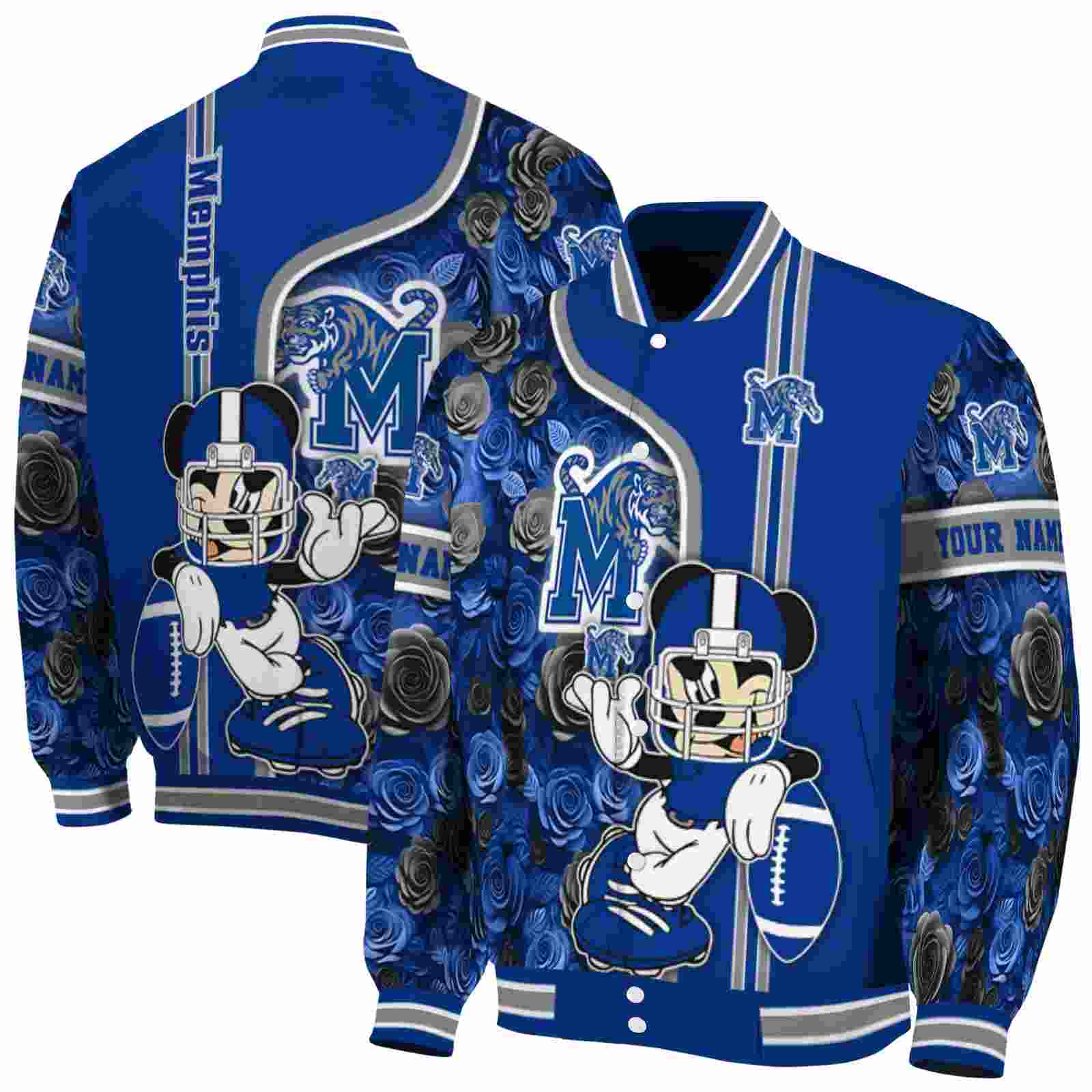 Ncaa Memphis Tigers Rose Mickey Blue Custom Baseball Jacket Sport Fans Gear