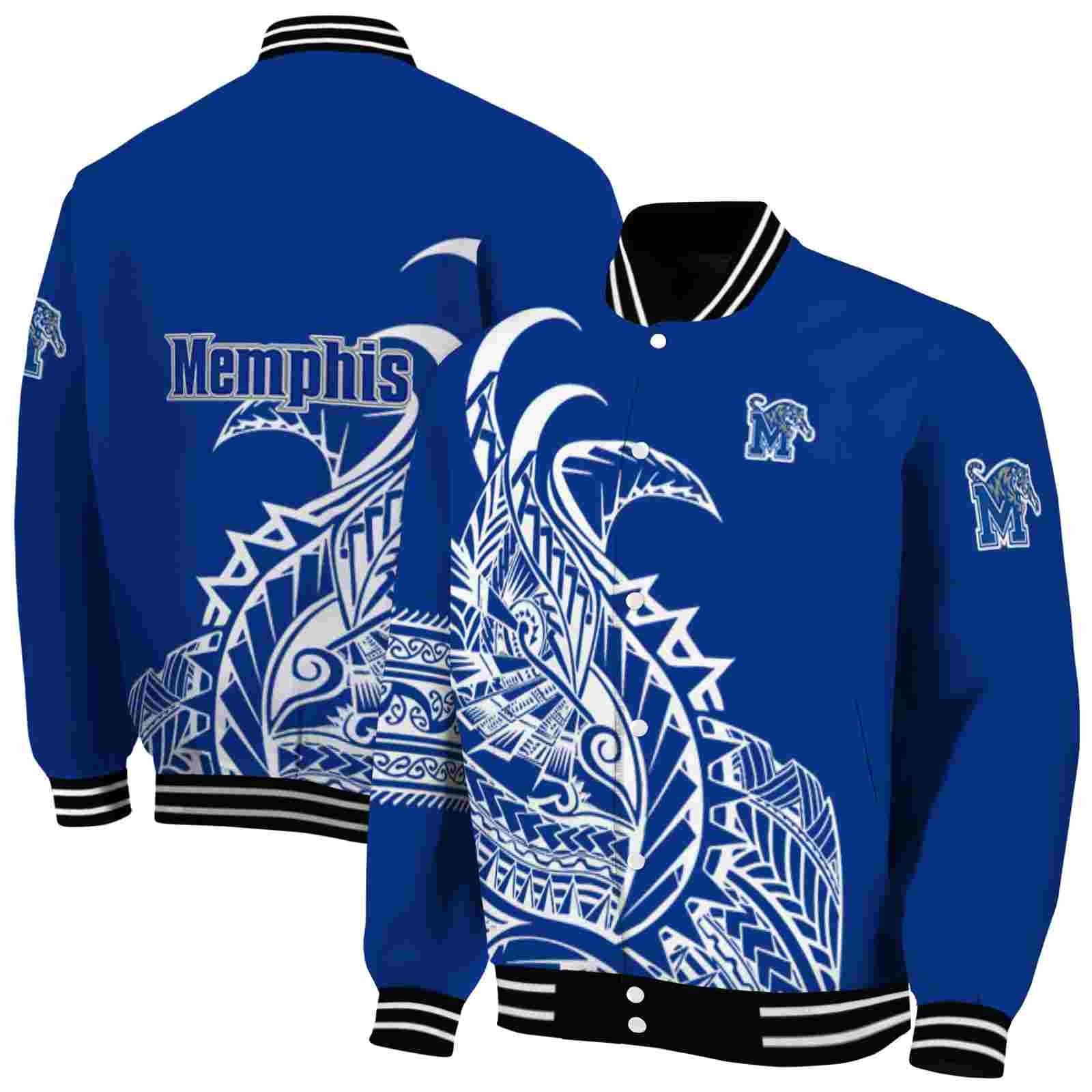Ncaa Memphis Tigers Tribal Art Blue White Black Custom Baseball Jacket Sport Fans Gear