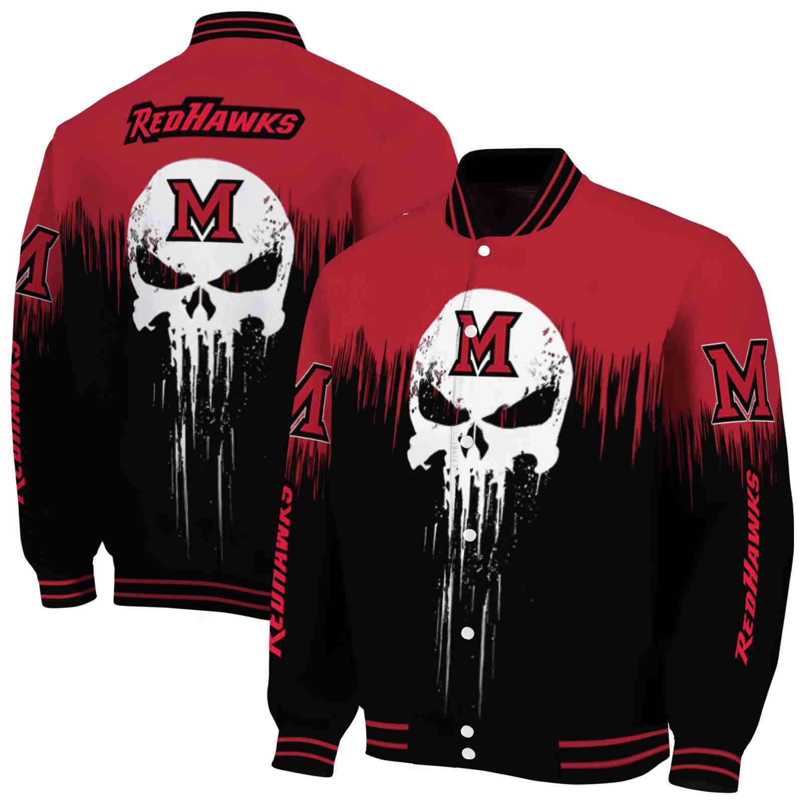 Ncaa Miami RedHawks Punisher Skull Red Black White Custom Baseball Jacket Sport Fans Gear