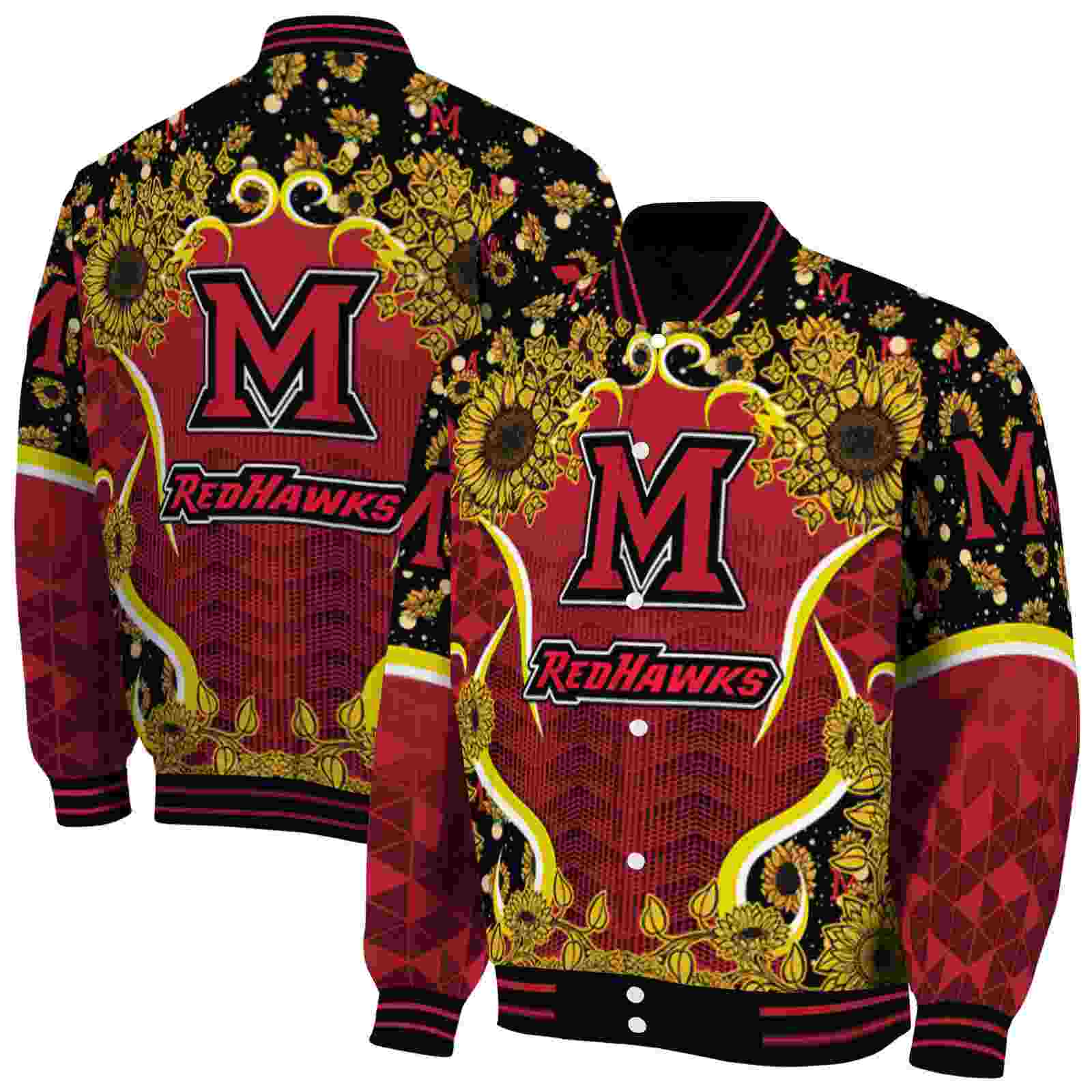 Ncaa Miami RedHawks SuNFL ower Bloom Red Yellow Custom Baseball Jacket Sport Fans Gear
