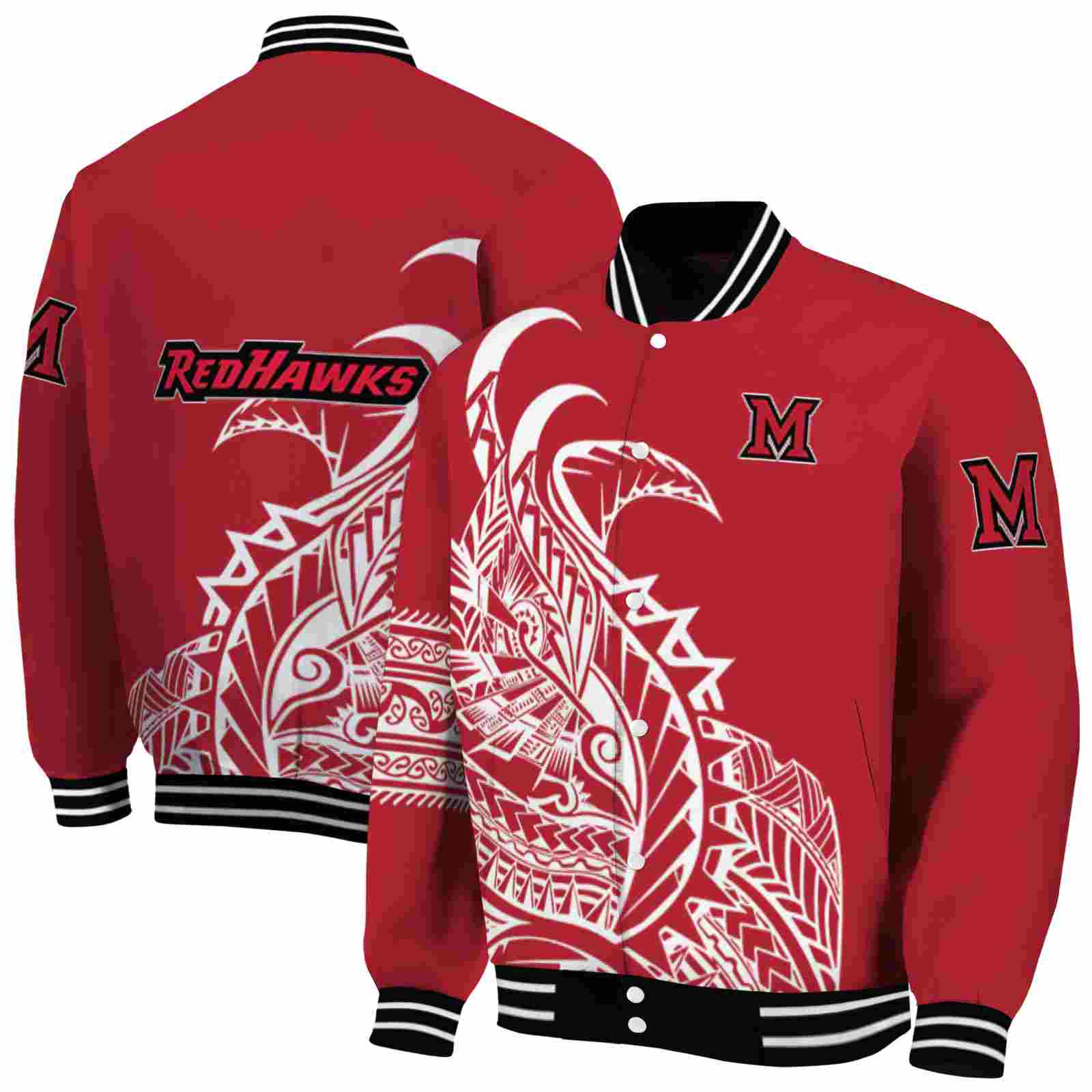 Ncaa Miami RedHawks Tribal Art Red White Black Custom Baseball Jacket Sport Fans Gear