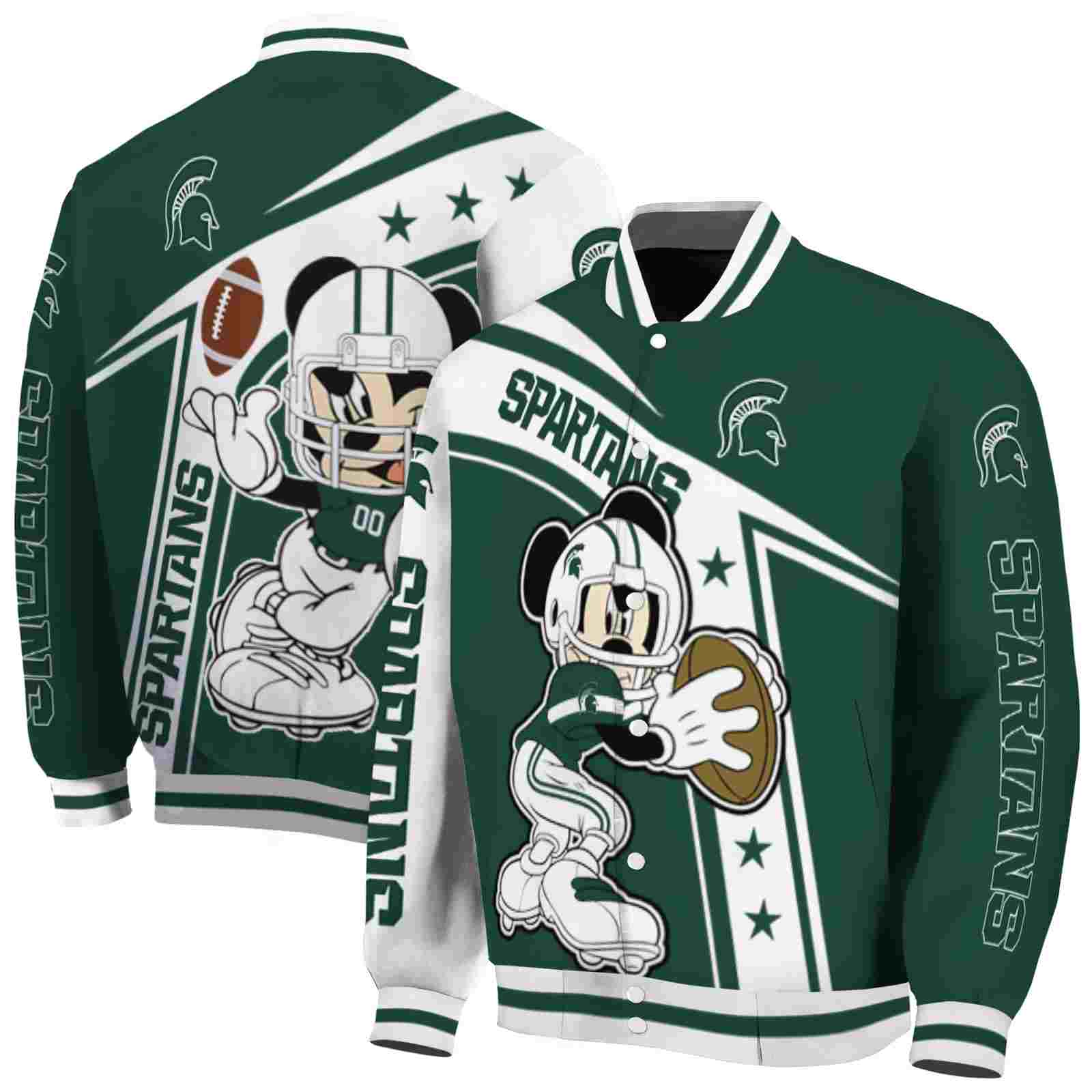 Ncaa Michigan State Spartans Mickey Football Green White Custom Baseball Jacket Sport Fans Gear