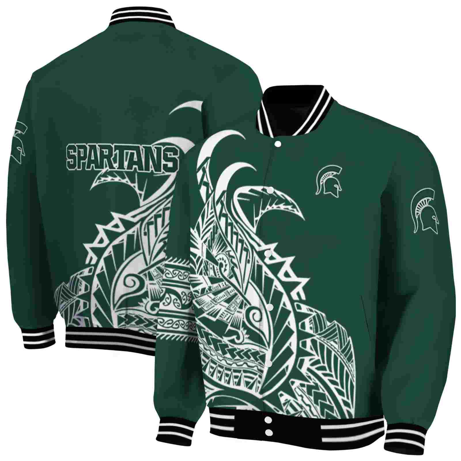 Ncaa Michigan State Spartans Tribal Art Green White Black Custom Baseball Jacket Sport Fans Gear