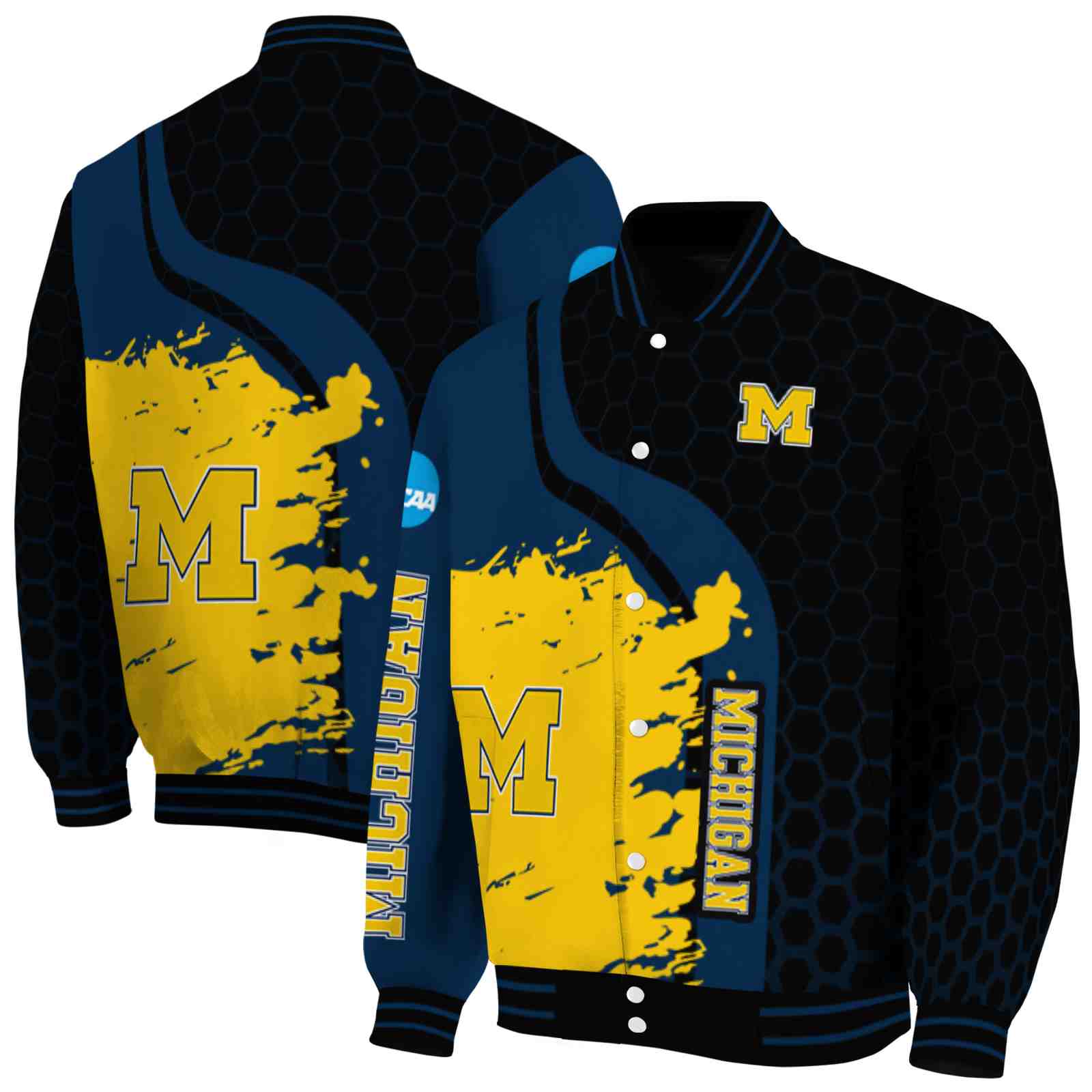 Ncaa Michigan Wolverines Hexagonal Pattern Blue Black Custom Baseball Jacket Sport Fans Gear