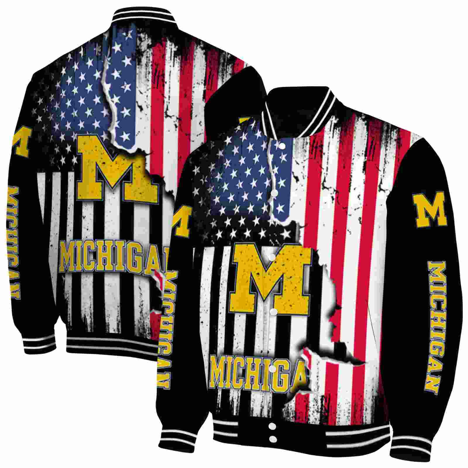 Ncaa Michigan Wolverines Patriotic Theme Black Custom Baseball Jacket Sport Fans Gear