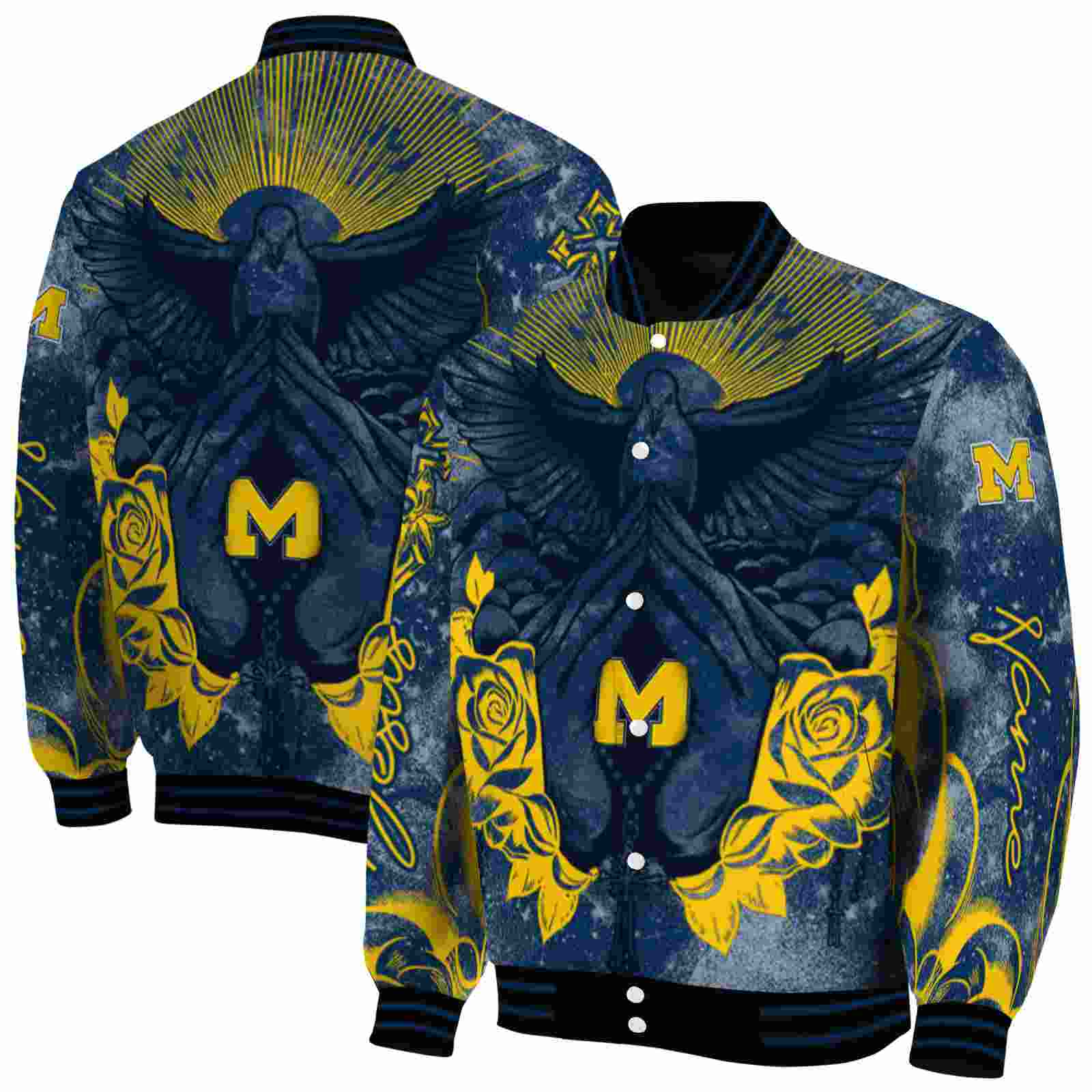Ncaa Michigan Wolverines Praying Hands Blue Custom Baseball Jacket Sport Fans Gear