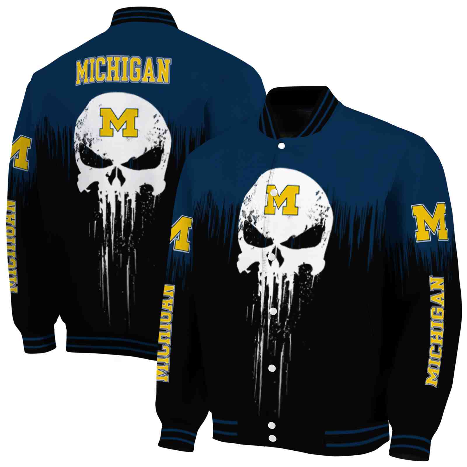 Ncaa Michigan Wolverines Punisher Skull Blue Black White Custom Baseball Jacket Sport Fans Gear