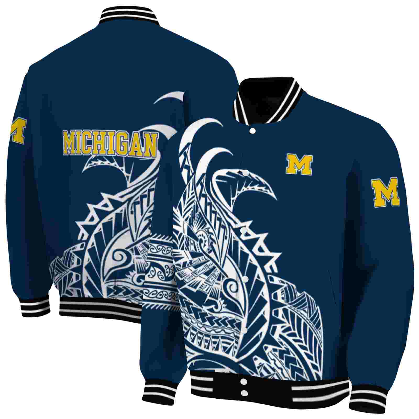 Ncaa Michigan Wolverines Tribal Art Blue White Black Custom Baseball Jacket Sport Fans Gear