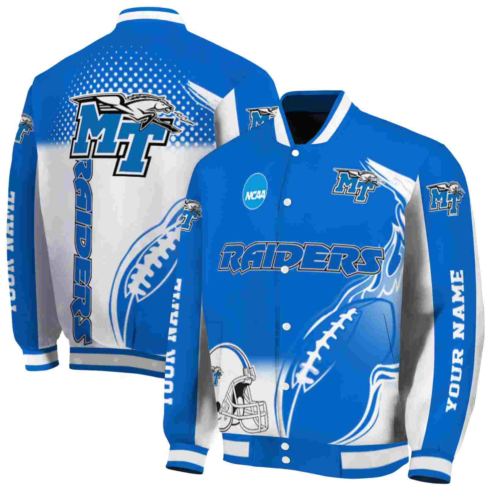 Ncaa Middle Tennessee Blue Raiders Flaming Football Blue White Custom Baseball Jacket Sport Fans Gear