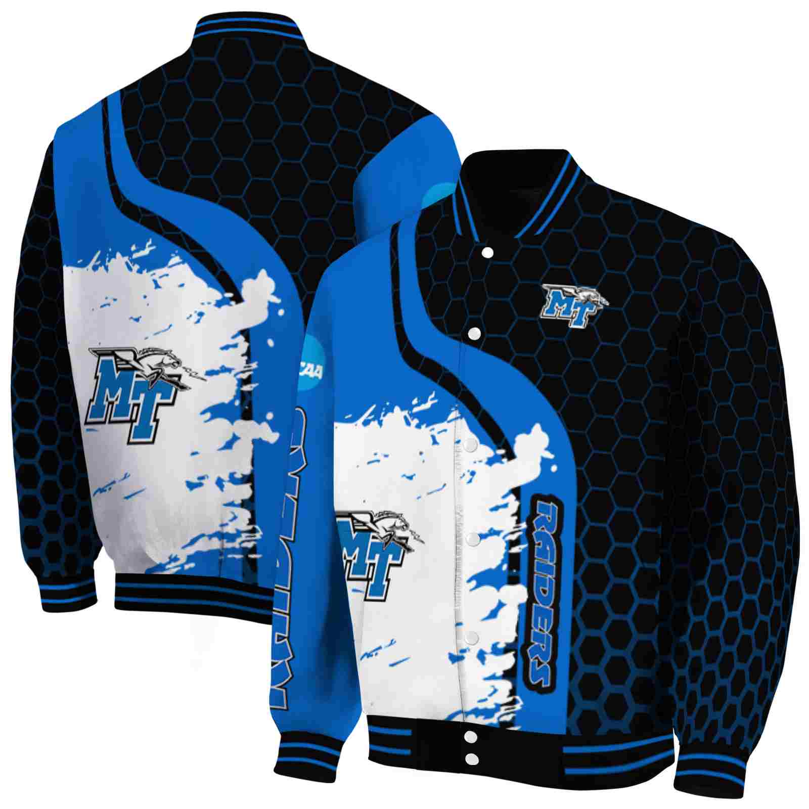 Ncaa Middle Tennessee Blue Raiders Hexagonal Pattern Blue Black Custom Baseball Jacket Sport Fans Gear