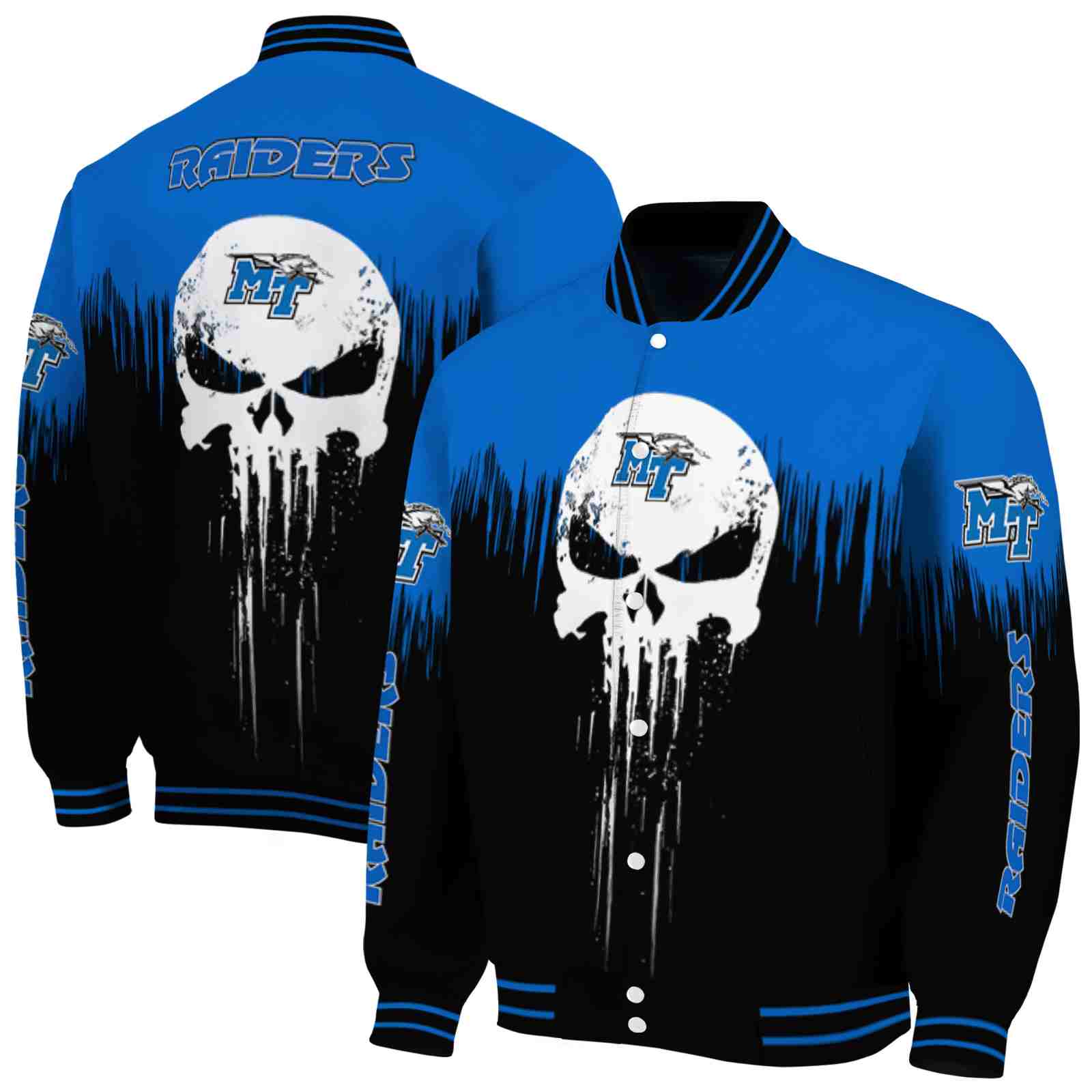Ncaa Middle Tennessee Blue Raiders Punisher Skull Blue Black White Custom Baseball Jacket Sport Fans Gear