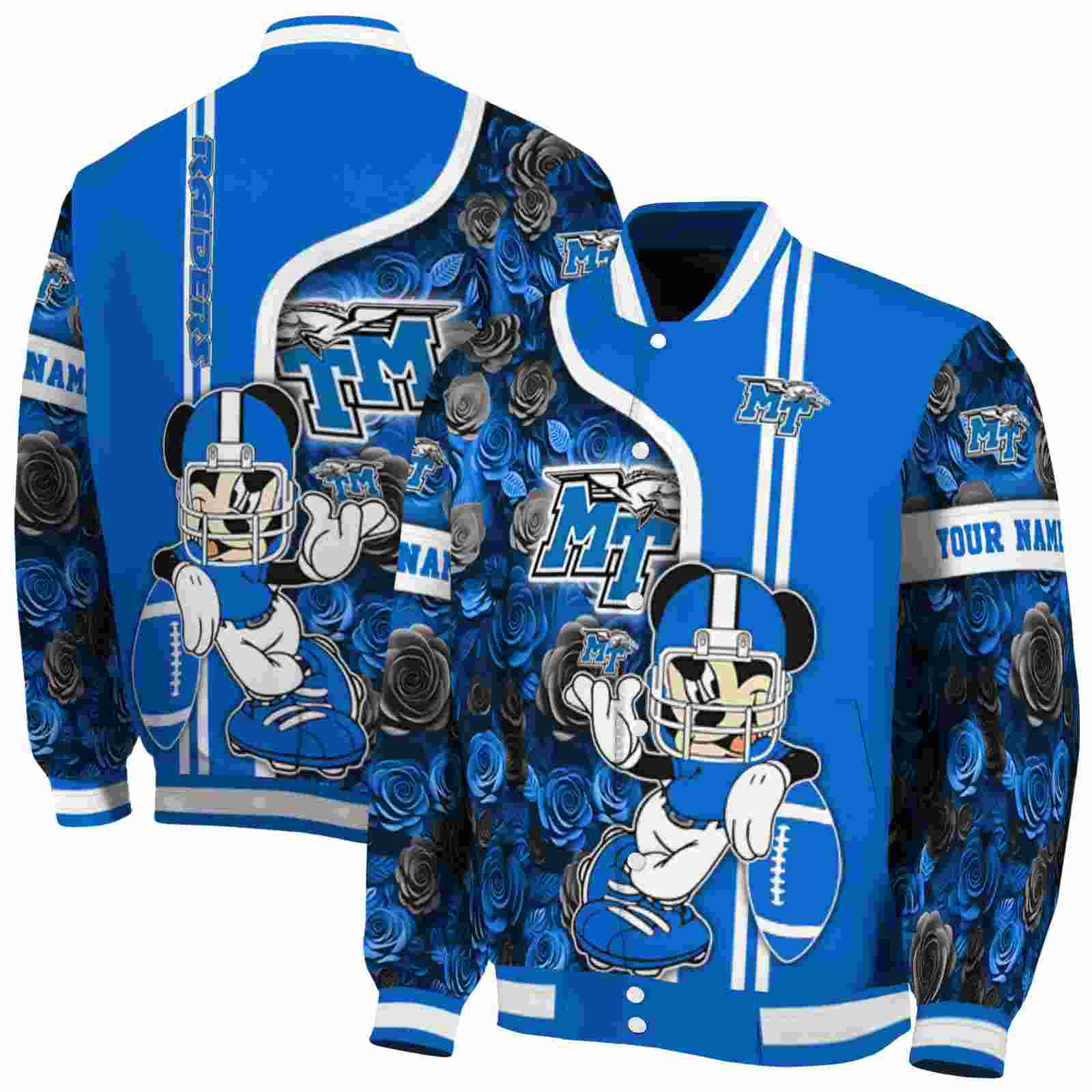 Ncaa Middle Tennessee Blue Raiders Rose Mickey Blue Custom Baseball Jacket Sport Fans Gear