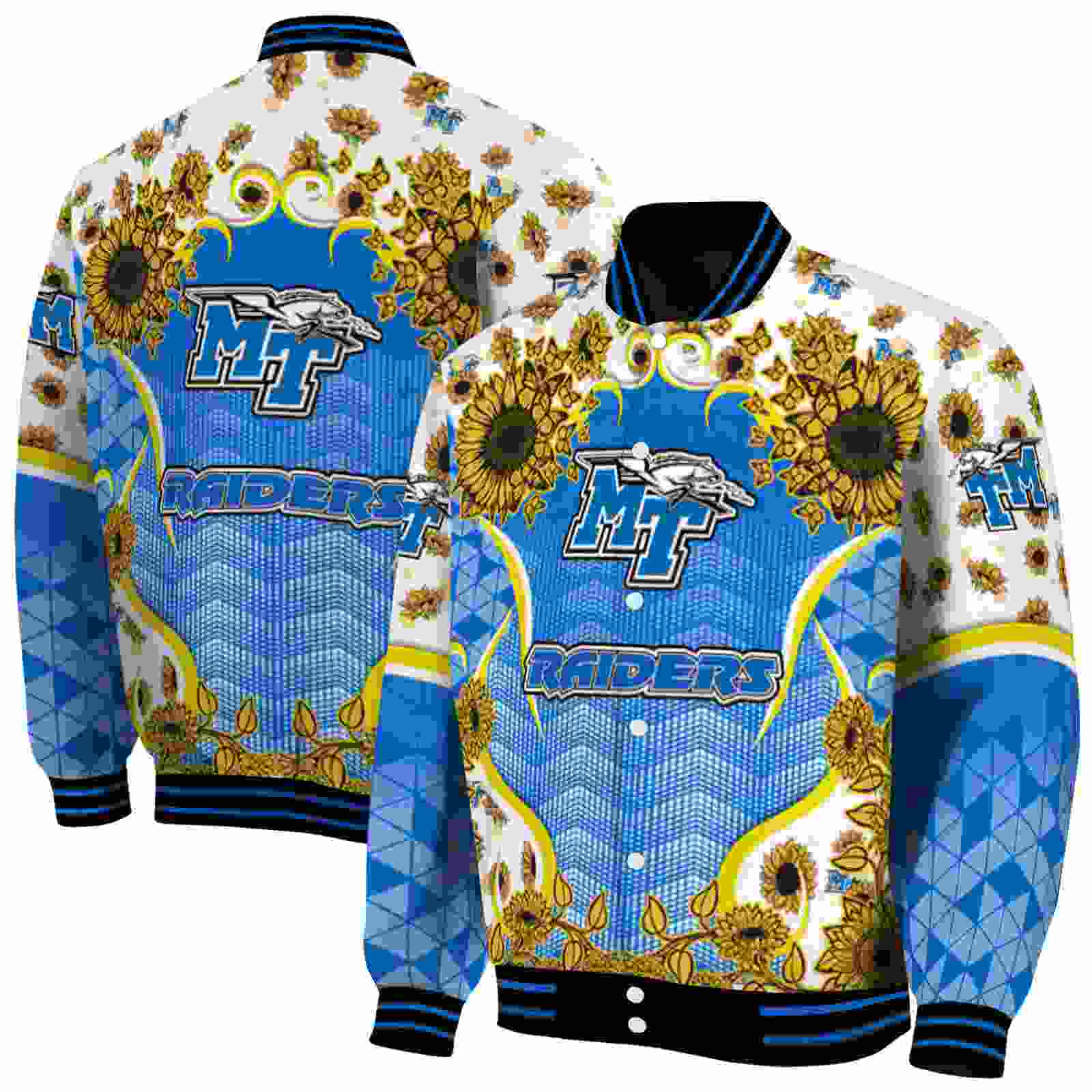 Ncaa Middle Tennessee Blue Raiders SuNFL ower Bloom Blue Yellow Custom Baseball Jacket Sport Fans Gear