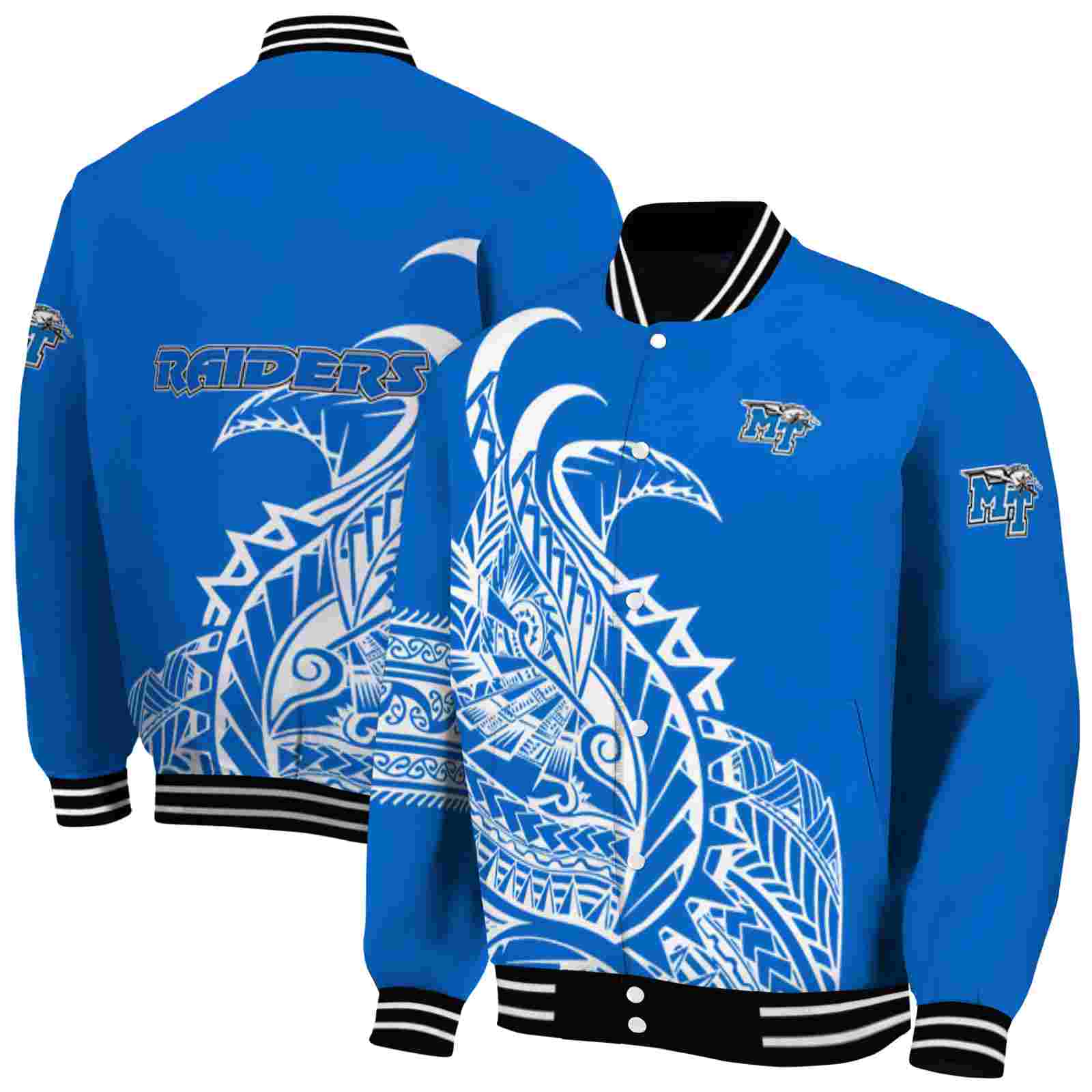 Ncaa Middle Tennessee Blue Raiders Tribal Art Blue White Black Custom Baseball Jacket Sport Fans Gear