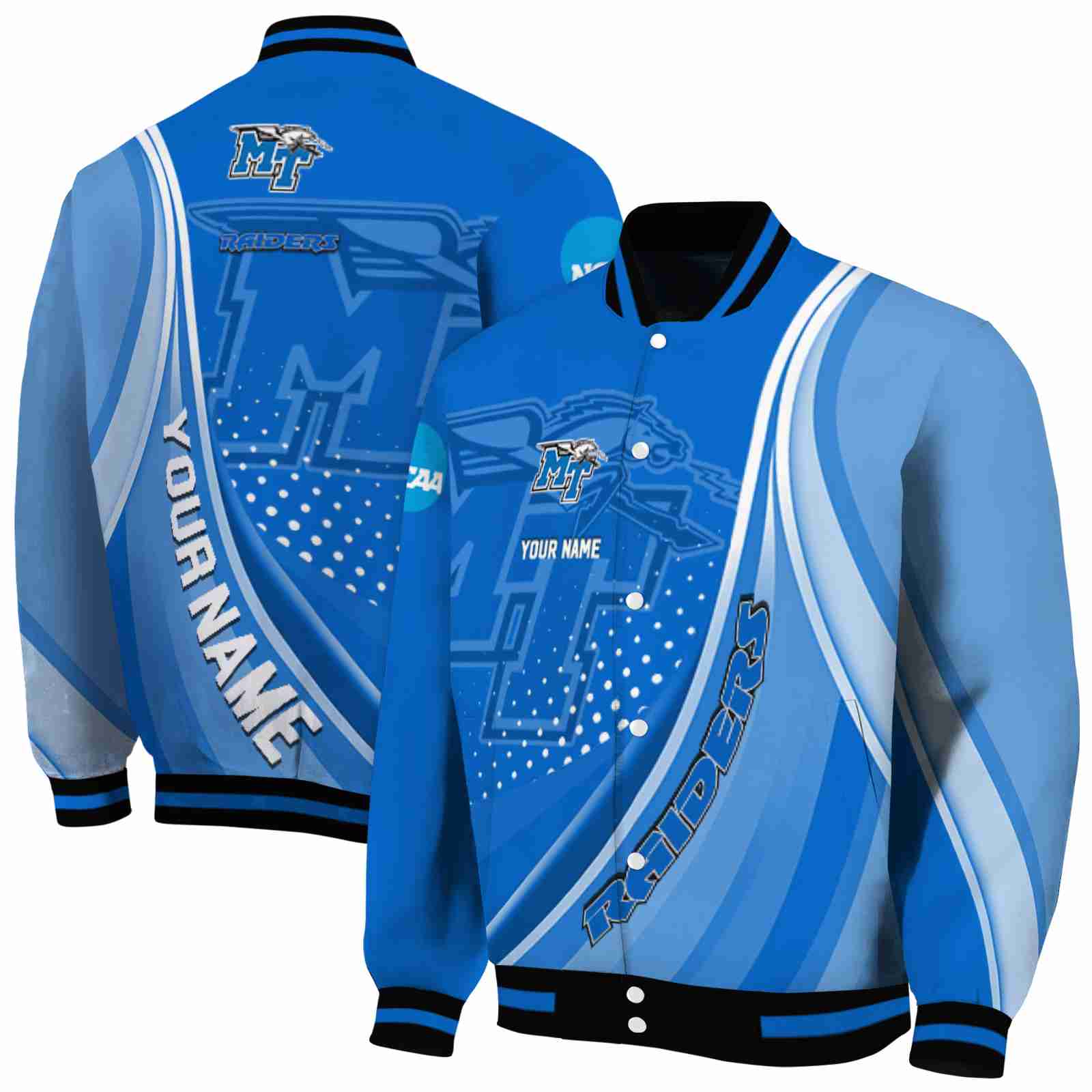 Ncaa Middle Tennessee Blue Raiders Wave Patterns Blue Custom Baseball Jacket Sport Fans Gear