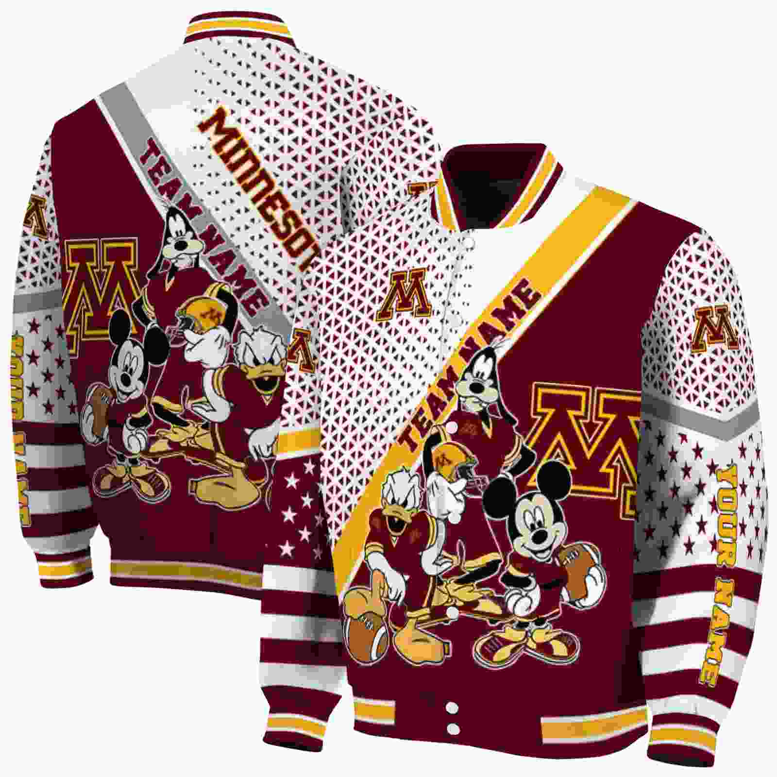 Ncaa Minnesota Golden Gophers Mickey Donald Goofy Maroon White Custom Baseball Jacket Sport Fans Gear