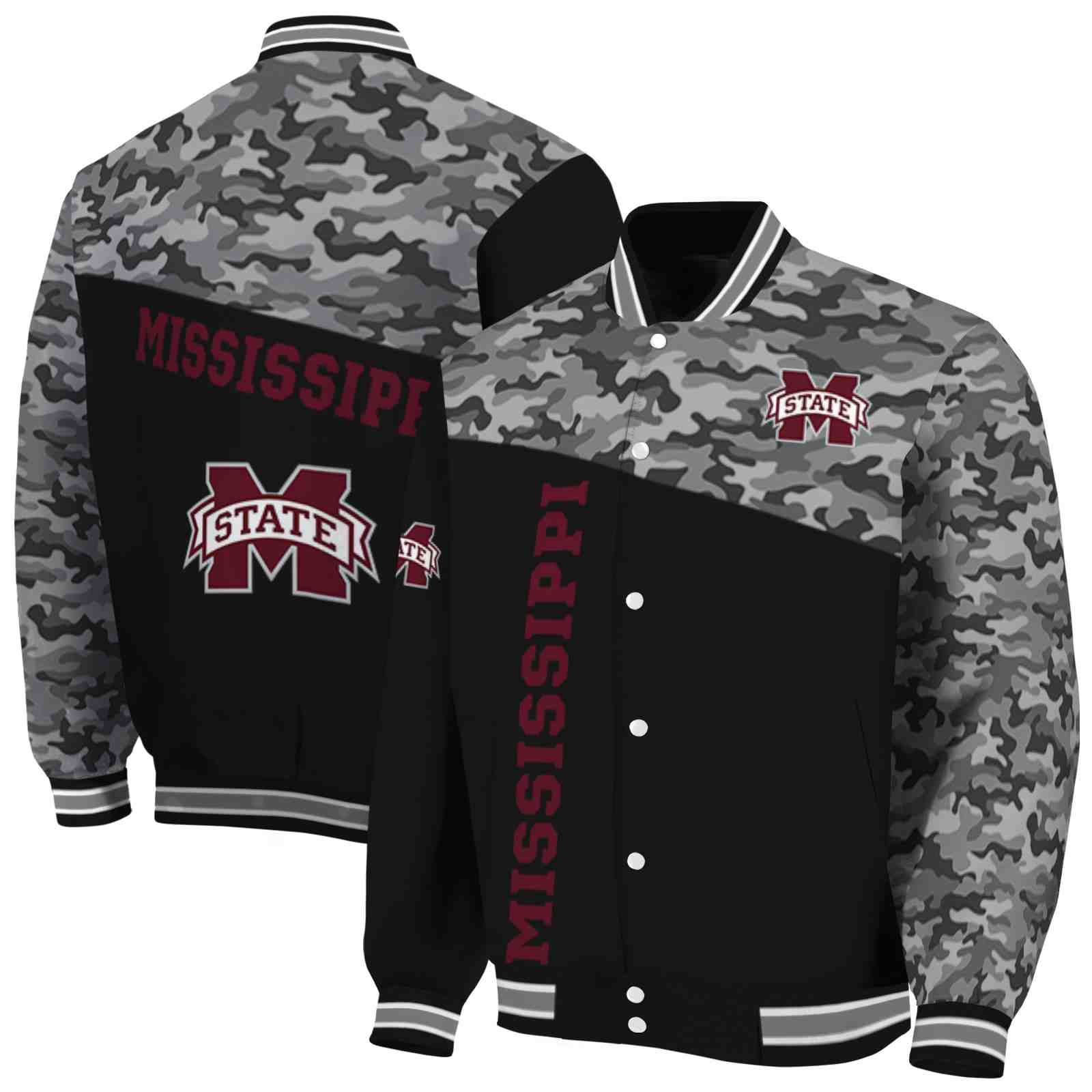 Ncaa Mississippi State Bulldogs Camo Patchwork Black Custom Baseball Jacket Sport Fans Gear