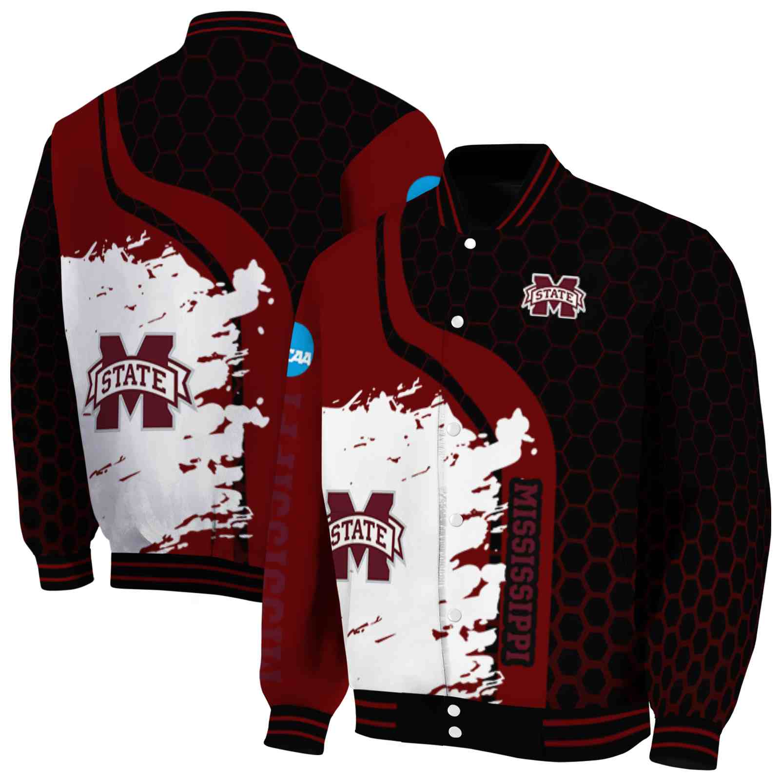 Ncaa Mississippi State Bulldogs Hexagonal Pattern Maroon Black Custom Baseball Jacket Sport Fans Gear