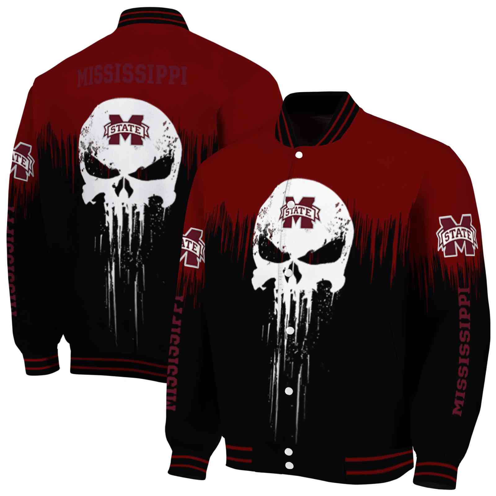 Ncaa Mississippi State Bulldogs Punisher Skull Maroon Black White Custom Baseball Jacket Sport Fans Gear