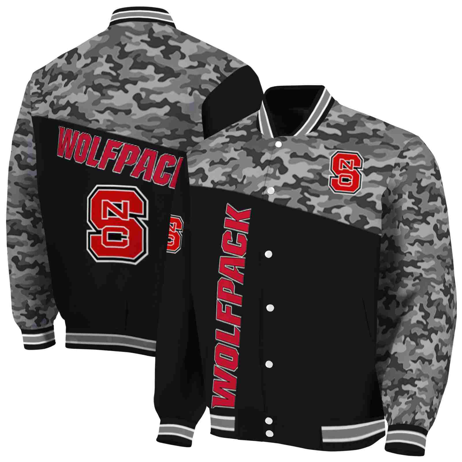 Ncaa NC State Wolfpack Camo Patchwork Black Custom Baseball Jacket Sport Fans Gear