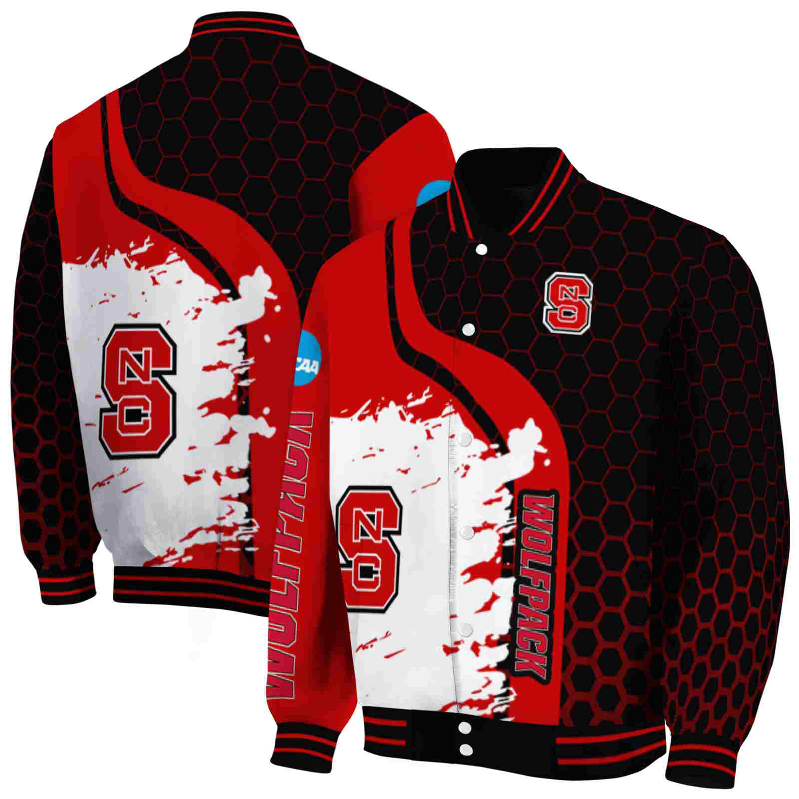 Ncaa NC State Wolfpack Hexagonal Pattern Red Black Custom Baseball Jacket Sport Fans Gear