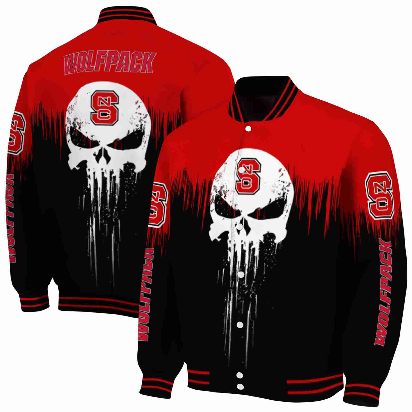 Ncaa NC State Wolfpack Punisher Skull Red Black White Custom Baseball Jacket Sport Fans Gear