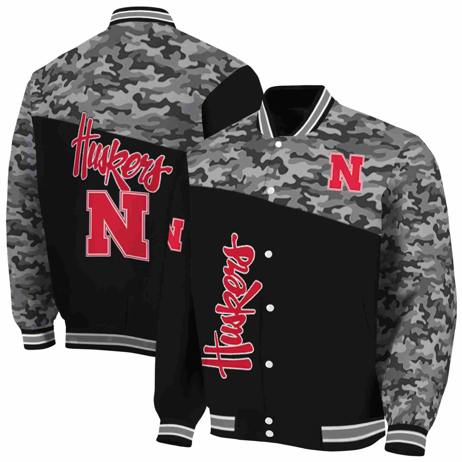 Ncaa Nebraska Cornhuskers Camo Patchwork Black Custom Baseball Jacket Sport Fans Gear