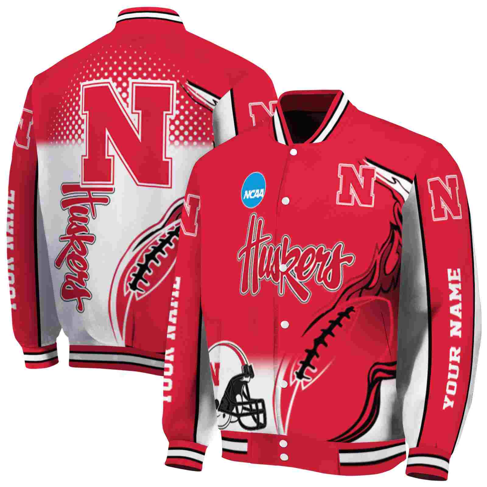 Ncaa Nebraska Cornhuskers Flaming Football Red White Custom Baseball Jacket Sport Fans Gear