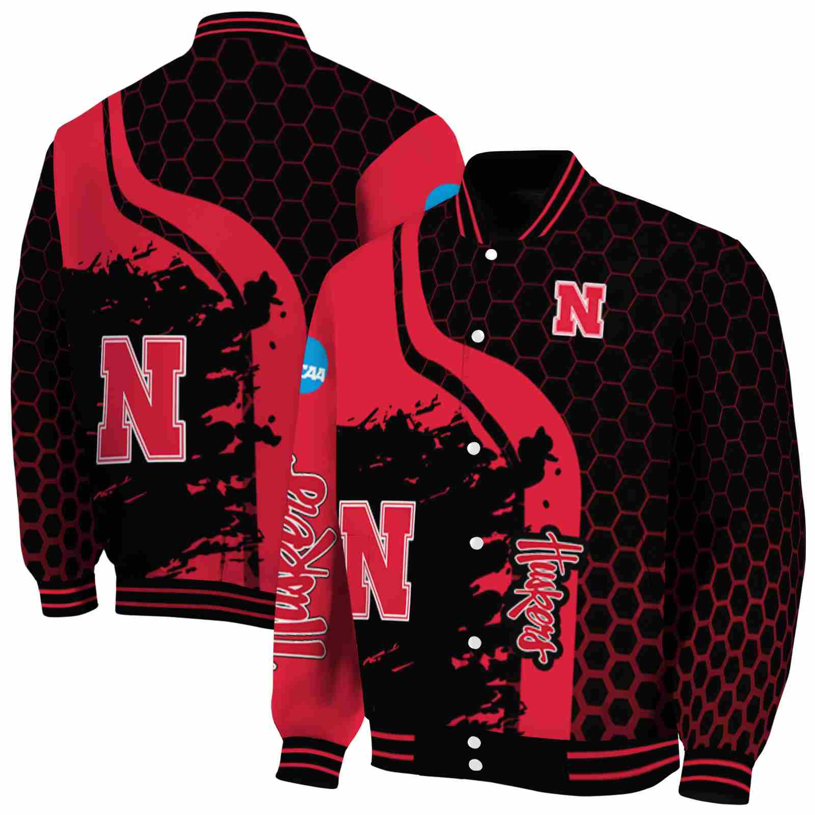 Ncaa Nebraska Cornhuskers Hexagonal Pattern Red Black Custom Baseball Jacket Sport Fans Gear