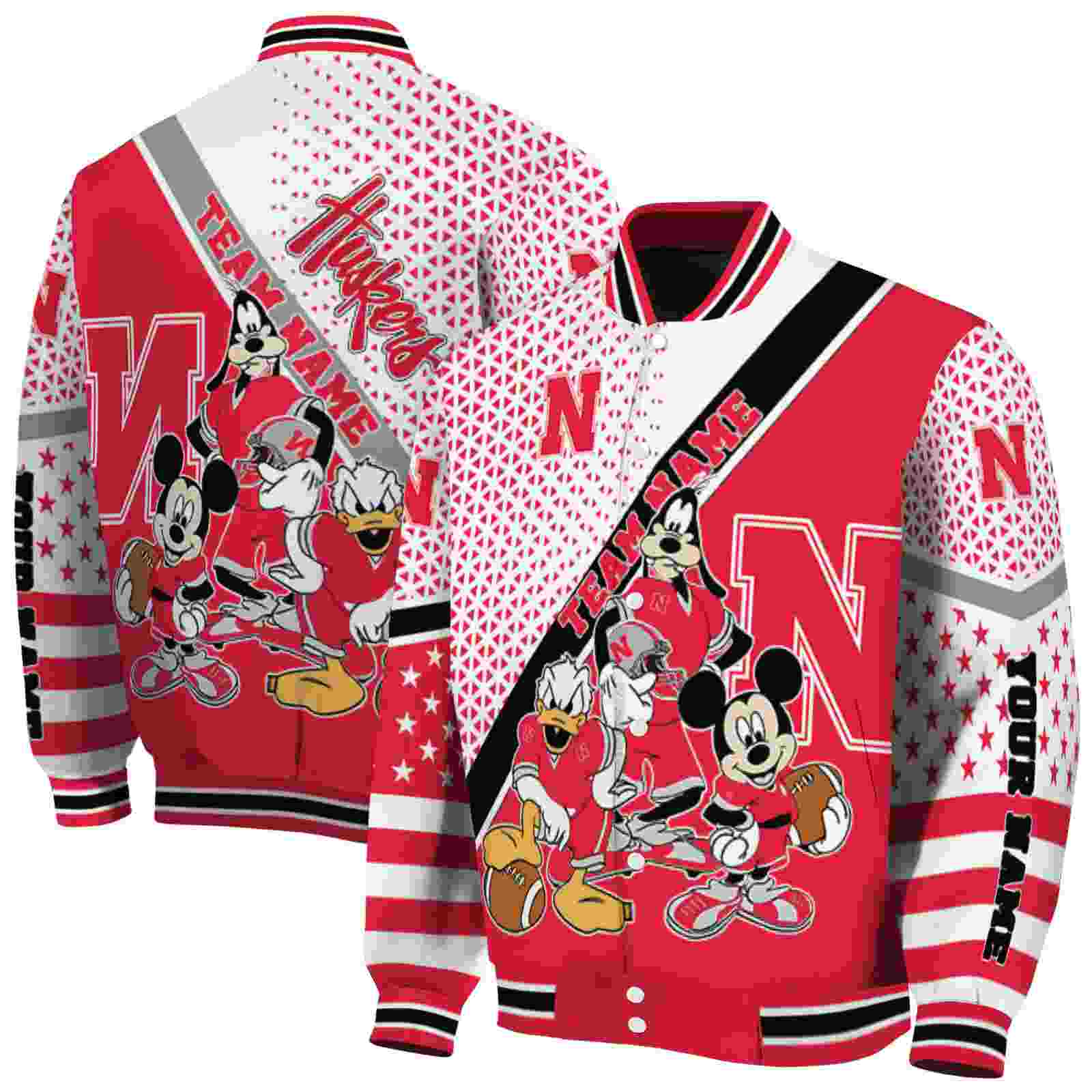 Ncaa Nebraska Cornhuskers Mickey Donald Goofy Red White Custom Baseball Jacket Sport Fans Gear