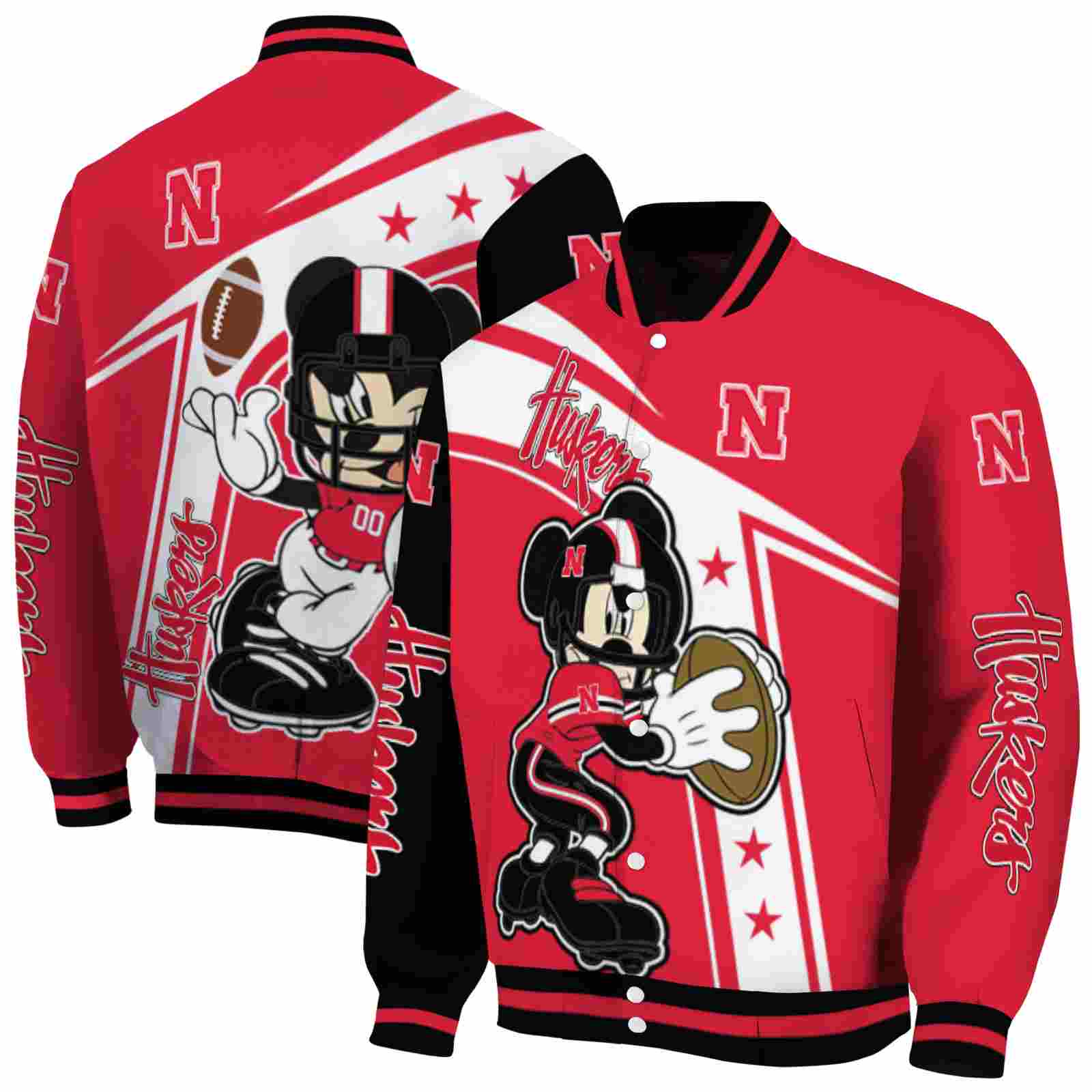 Ncaa Nebraska Cornhuskers Mickey Football Red White Custom Baseball Jacket Sport Fans Gear