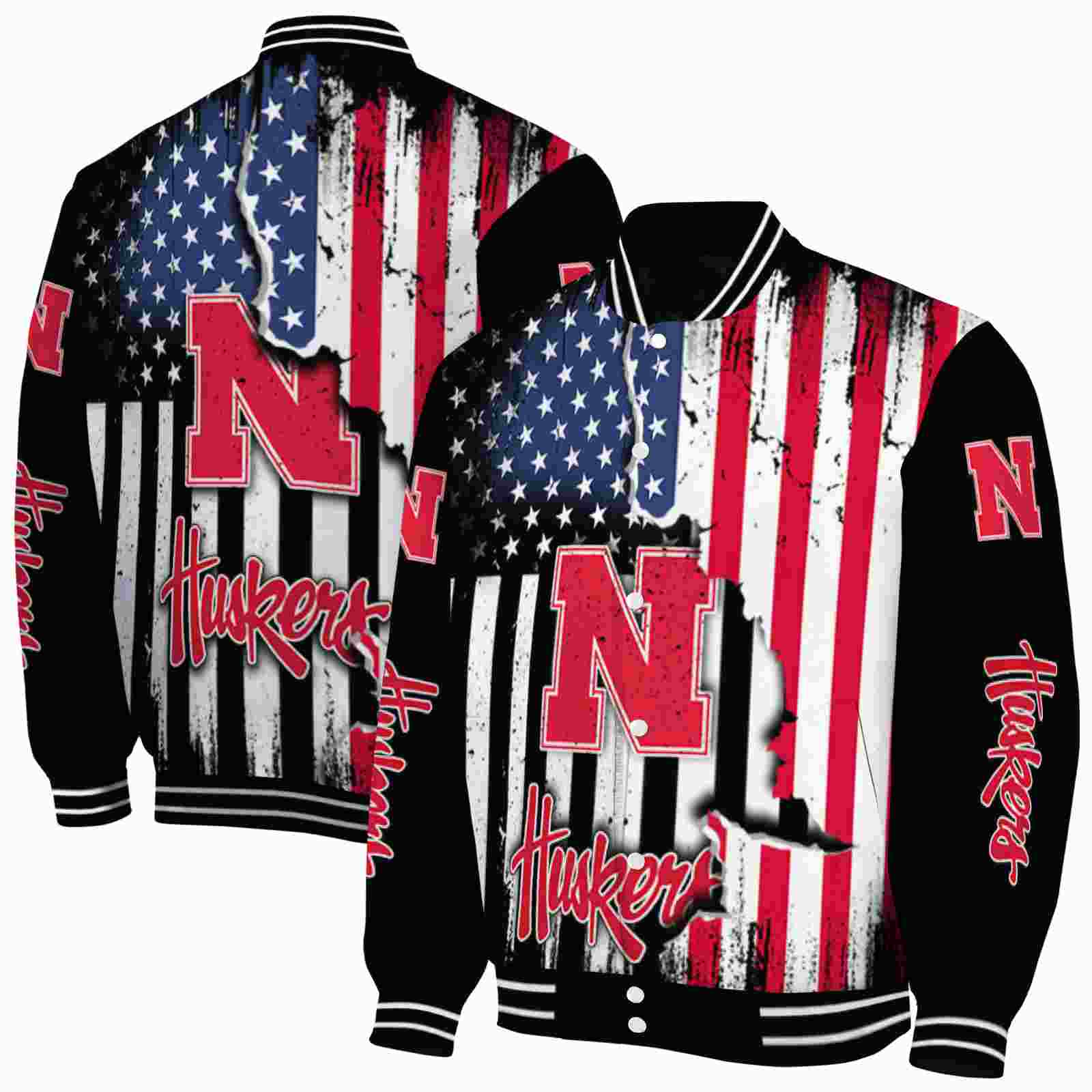 Ncaa Nebraska Cornhuskers Patriotic Theme Black Custom Baseball Jacket Sport Fans Gear