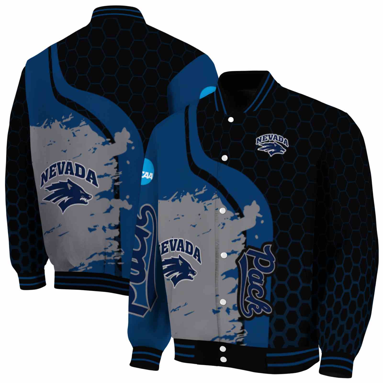 Ncaa Nevada Wolf Pack Hexagonal Pattern Blue Black Custom Baseball Jacket Sport Fans Gear