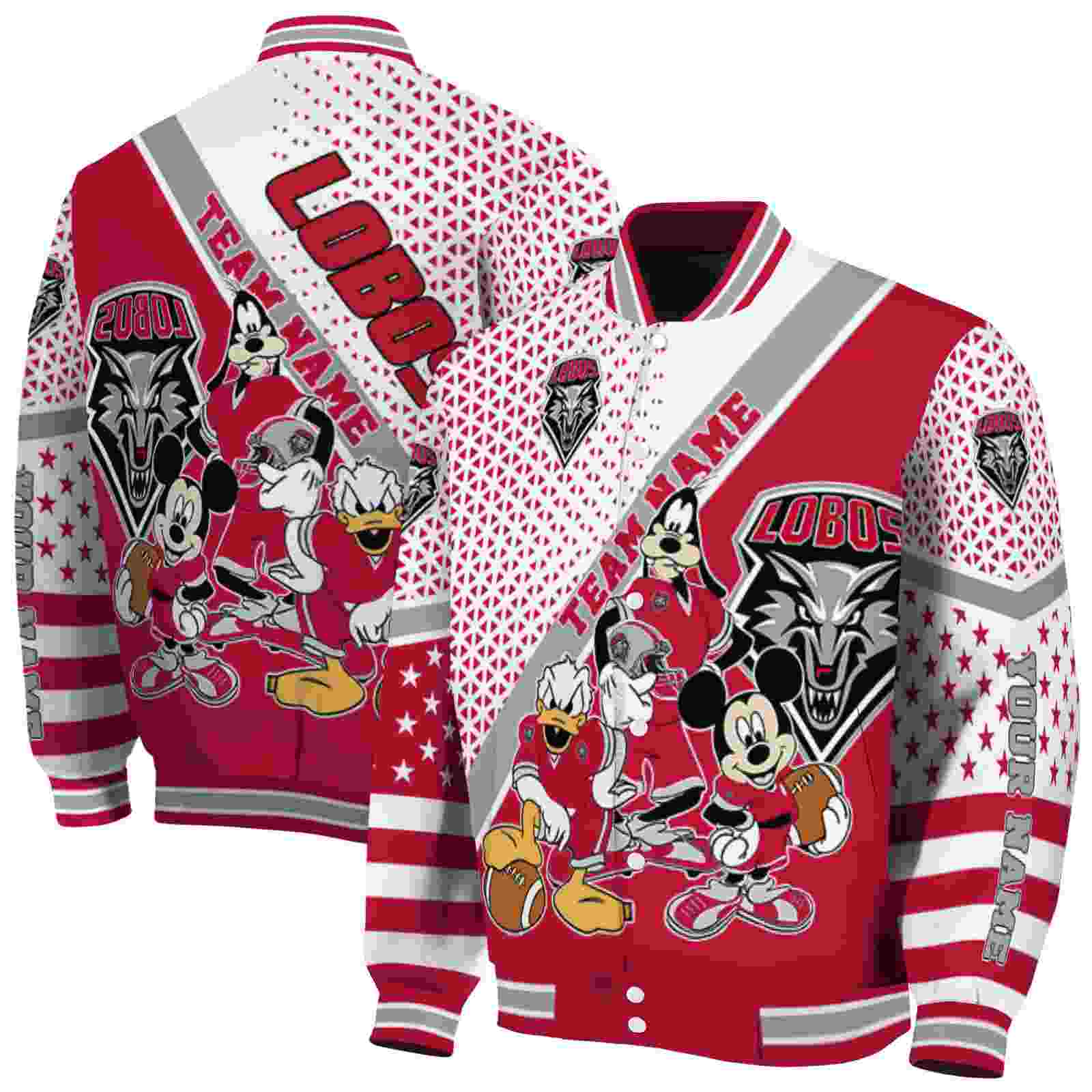 Ncaa New Mexico Lobos Mickey Donald Goofy Red White Custom Baseball Jacket Sport Fans Gear