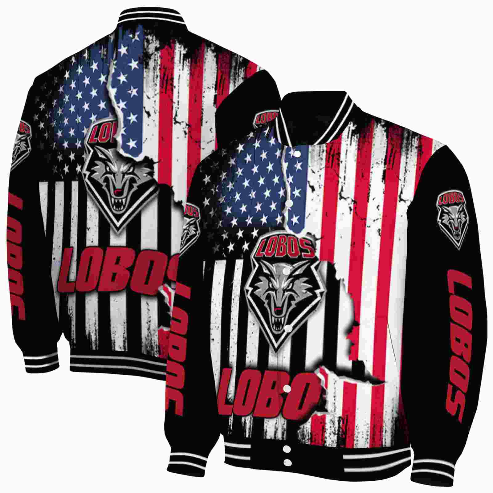 Ncaa New Mexico Lobos Patriotic Theme Black Custom Baseball Jacket Sport Fans Gear
