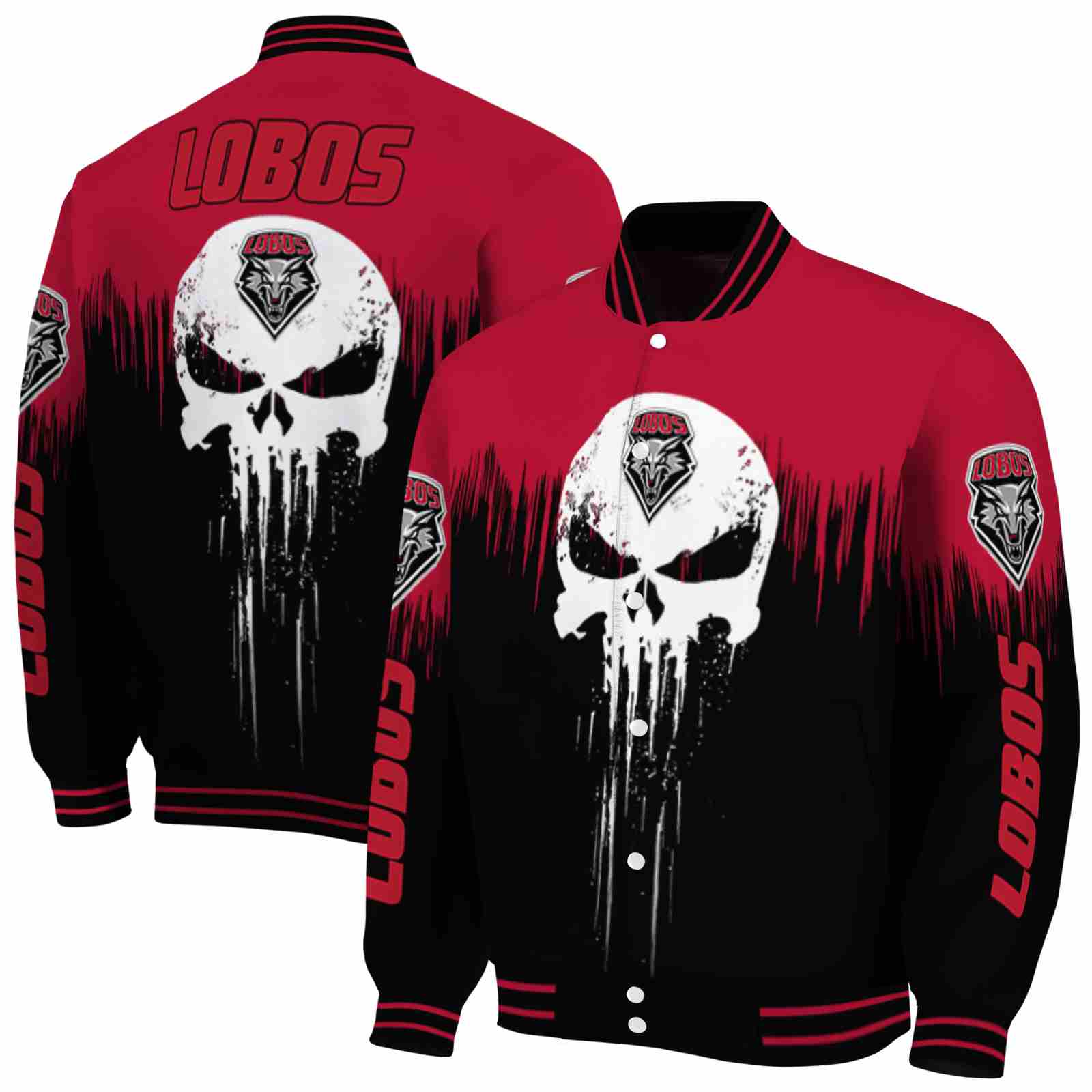Ncaa New Mexico Lobos Punisher Skull Red Black White Custom Baseball Jacket Sport Fans Gear