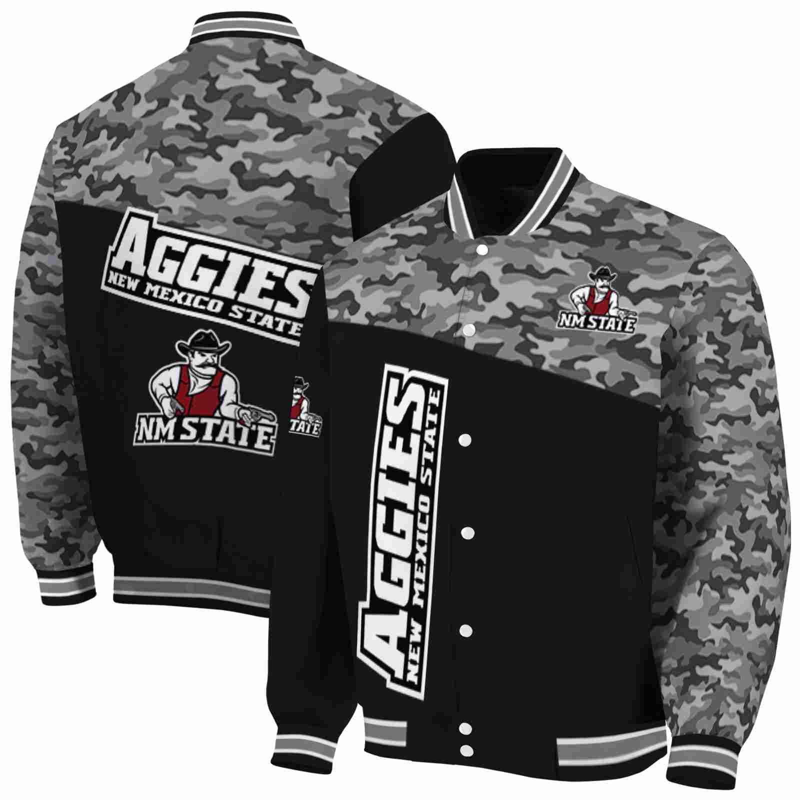 Ncaa New Mexico State Aggies Camo Patchwork Black Custom Baseball Jacket Sport Fans Gear