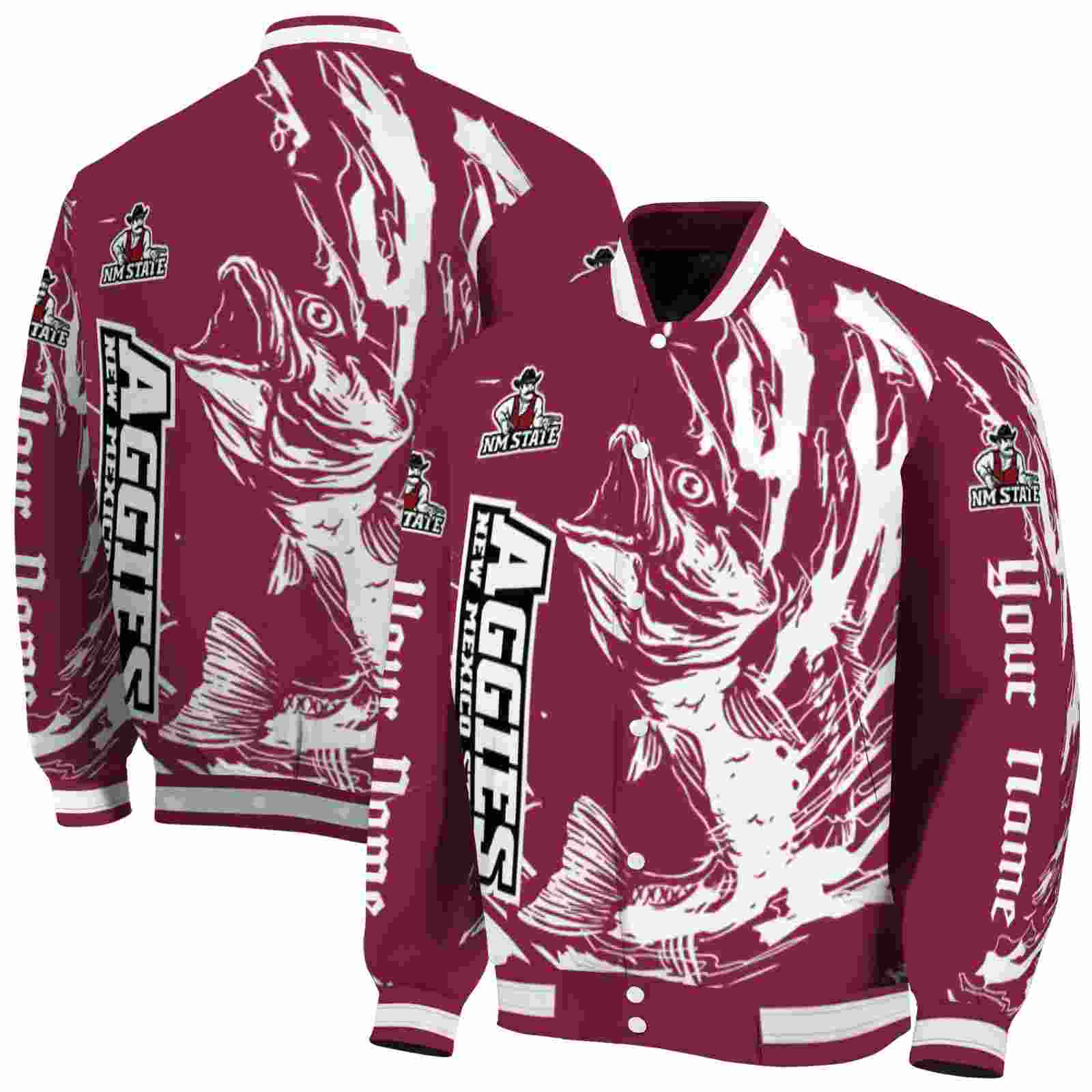 Ncaa New Mexico State Aggies Fishing Passion Crimson White Custom Baseball Jacket Sport Fans Gear