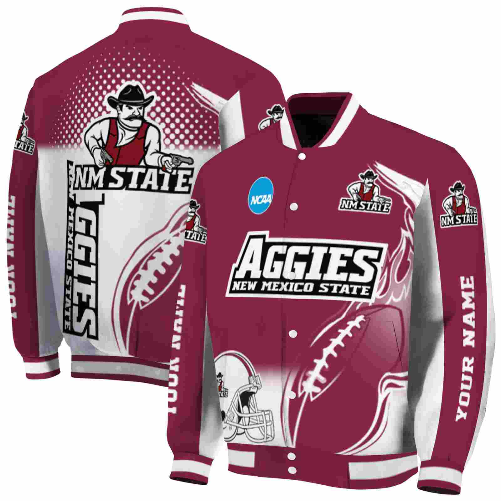 Ncaa New Mexico State Aggies Flaming Football Crimson White Custom Baseball Jacket Sport Fans Gear