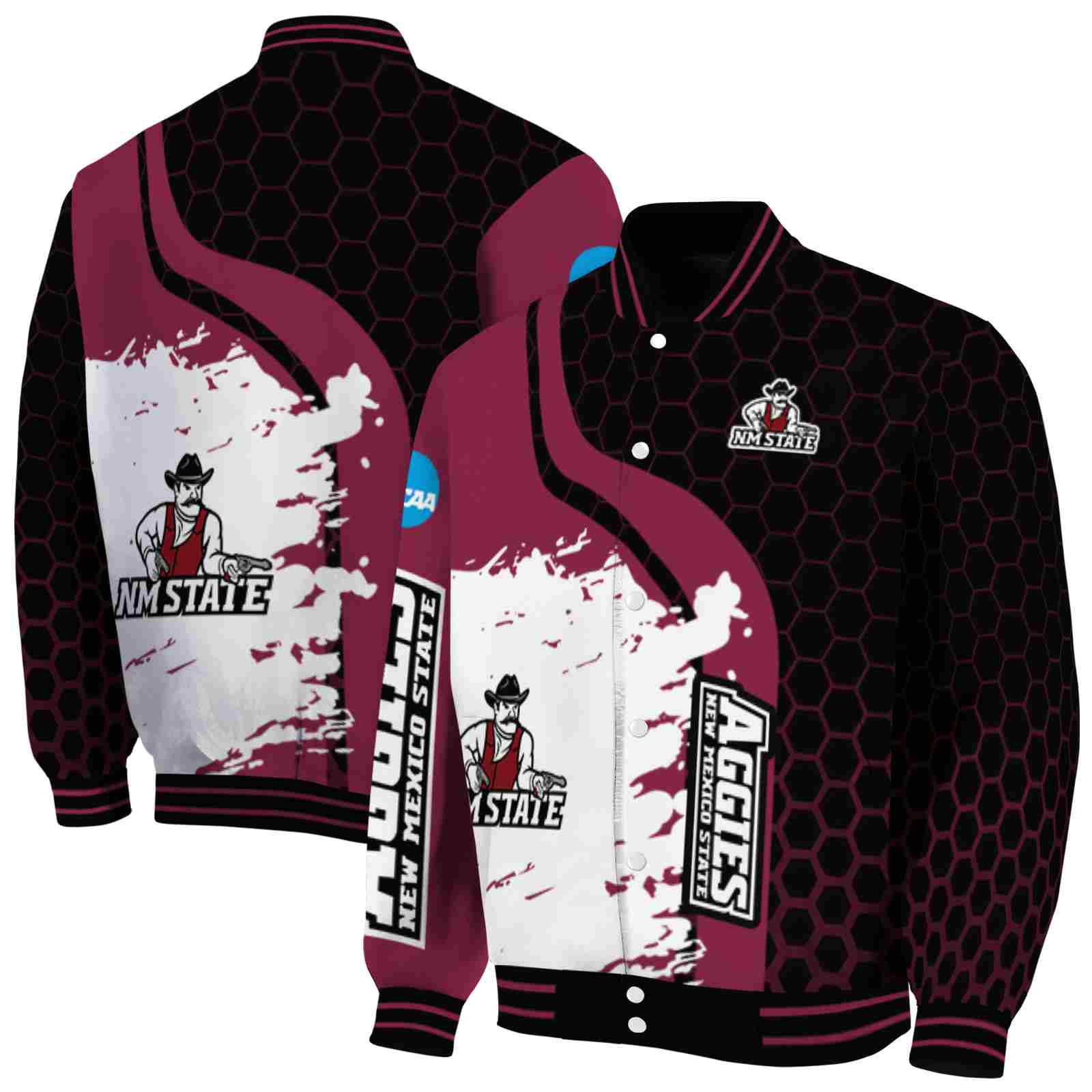 Ncaa New Mexico State Aggies Hexagonal Pattern Crimson Black Custom Baseball Jacket Sport Fans Gear